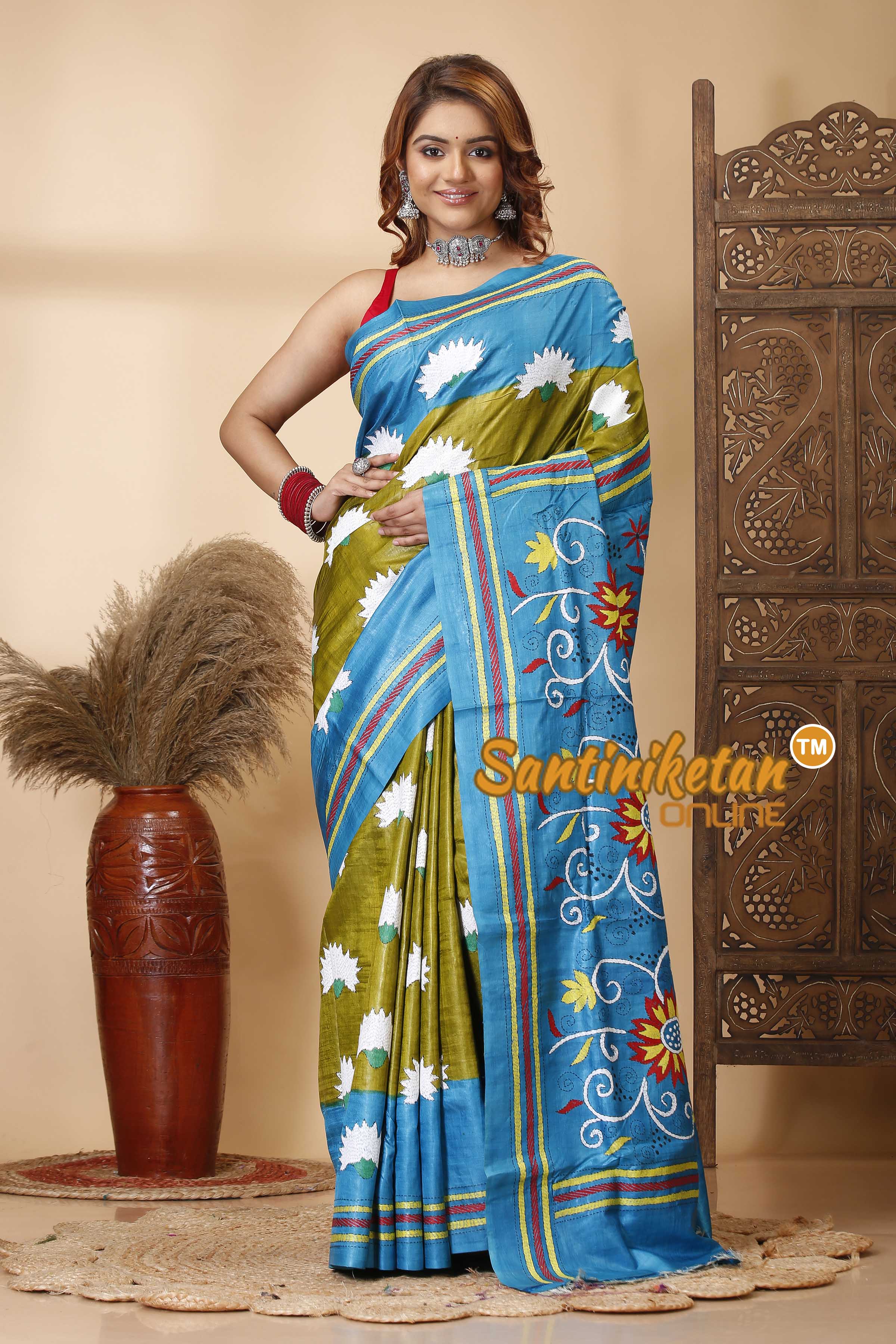 Pure Dye Tussar Silk Kantha Stitch Saree SN202521332