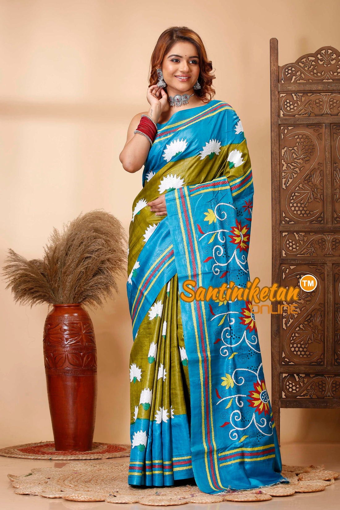 Pure Dye Tussar Silk Kantha Stitch Saree SN202521332