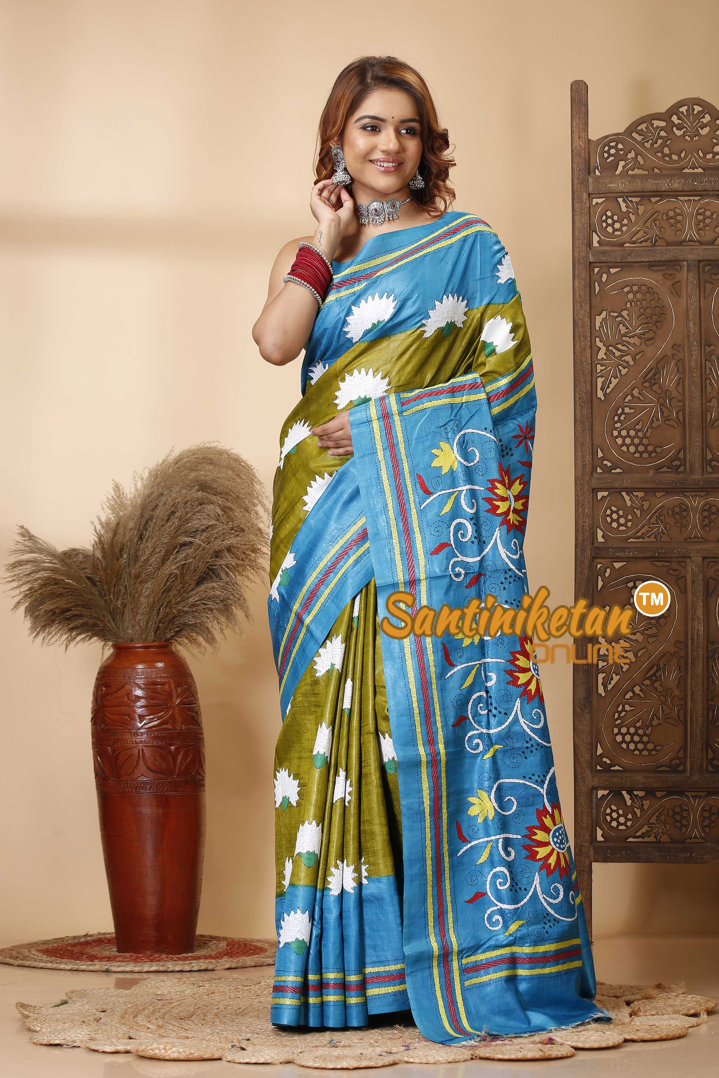 Pure Dye Tussar Silk Kantha Stitch Saree SN202521332