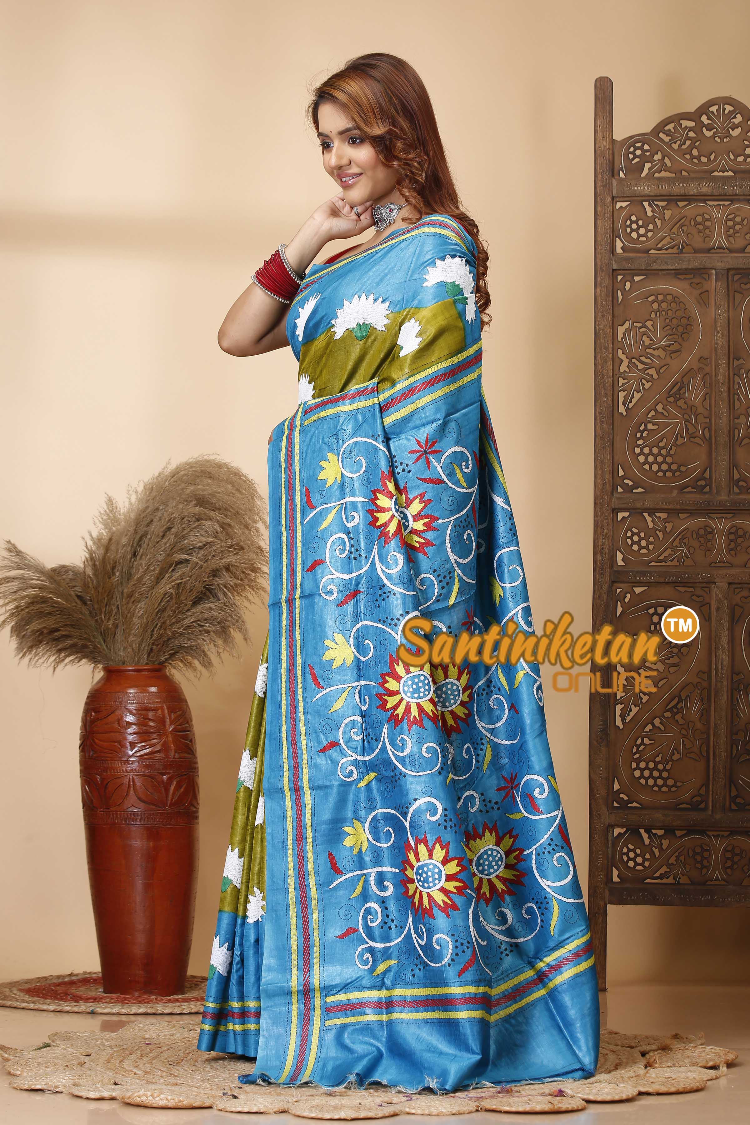 Pure Dye Tussar Silk Kantha Stitch Saree SN202521332