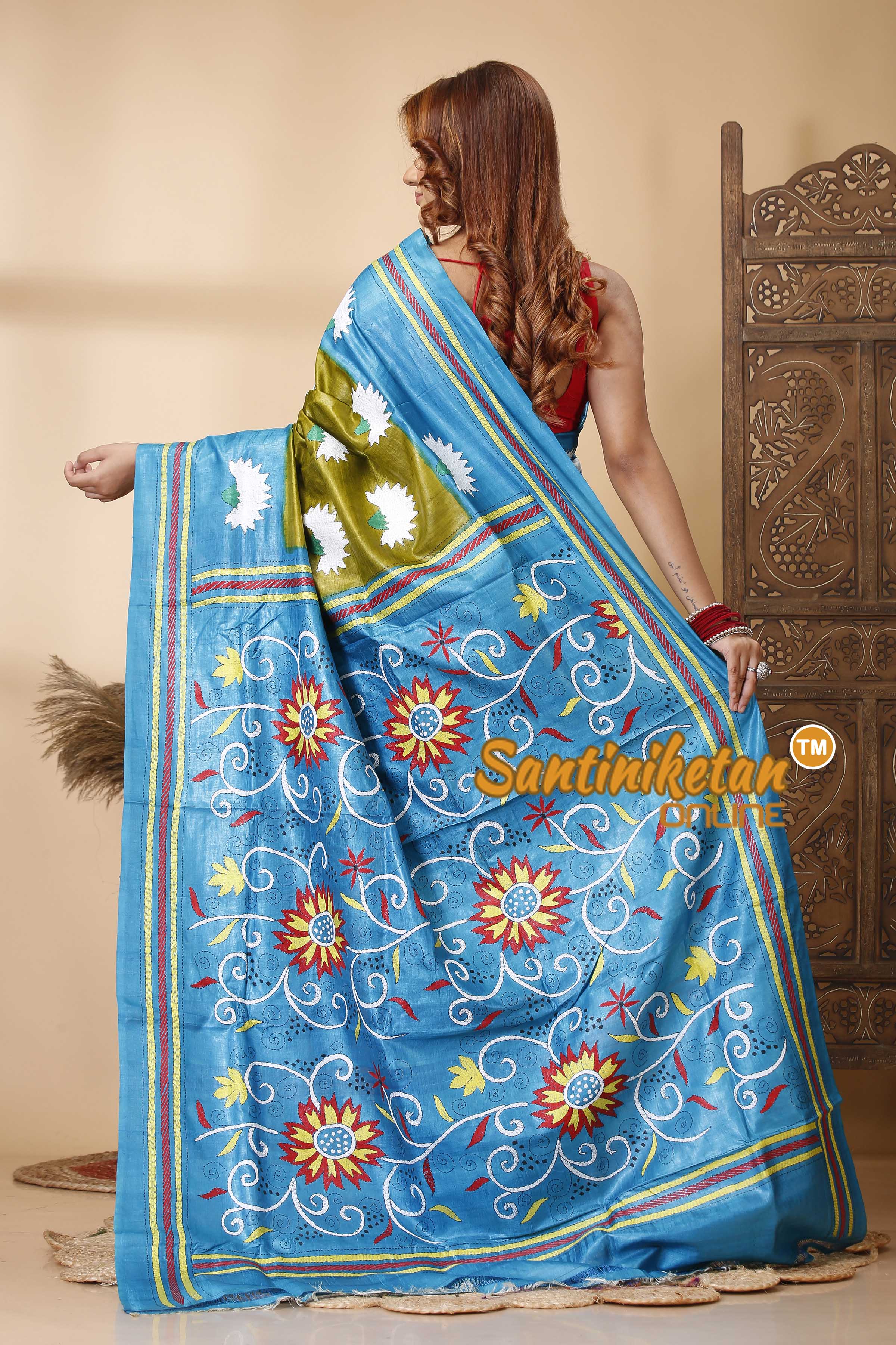 Pure Dye Tussar Silk Kantha Stitch Saree SN202521332