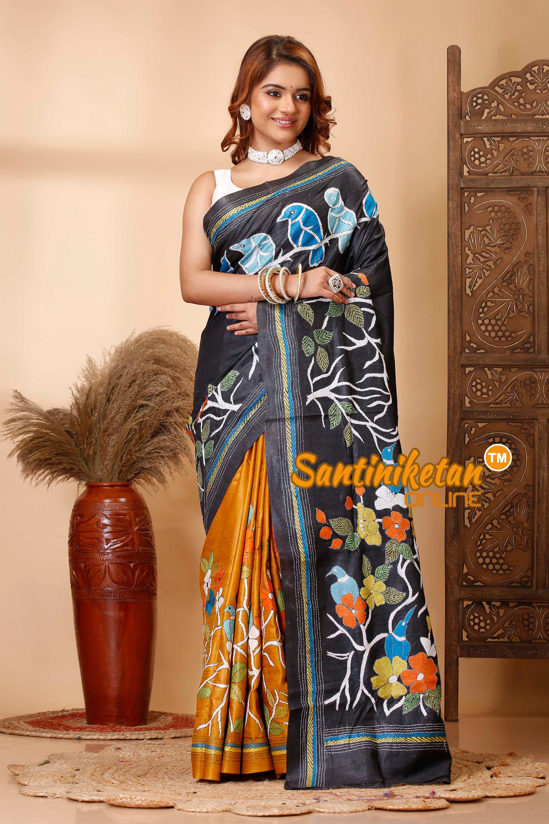 Pure Dye Ketiya Tussar Silk Kantha Stitch Saree SN202521338