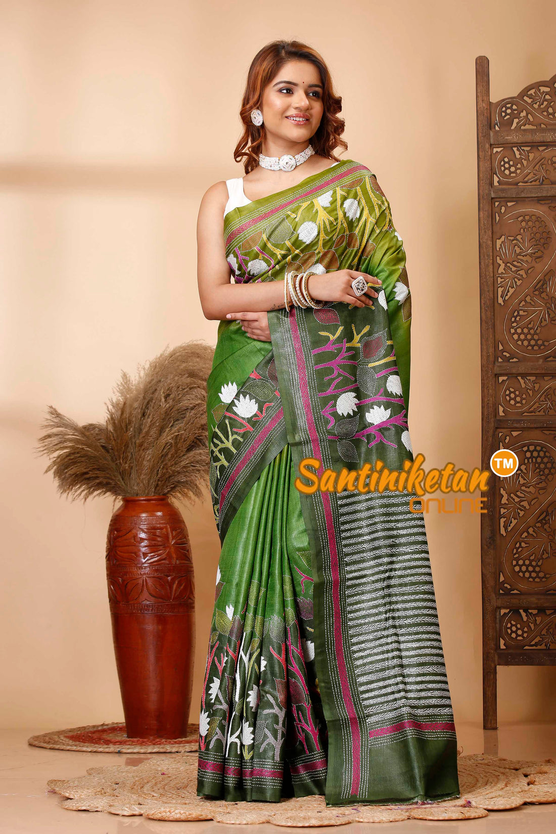 Pure Dye Tussar Silk Kantha Stitch Saree SN202521344