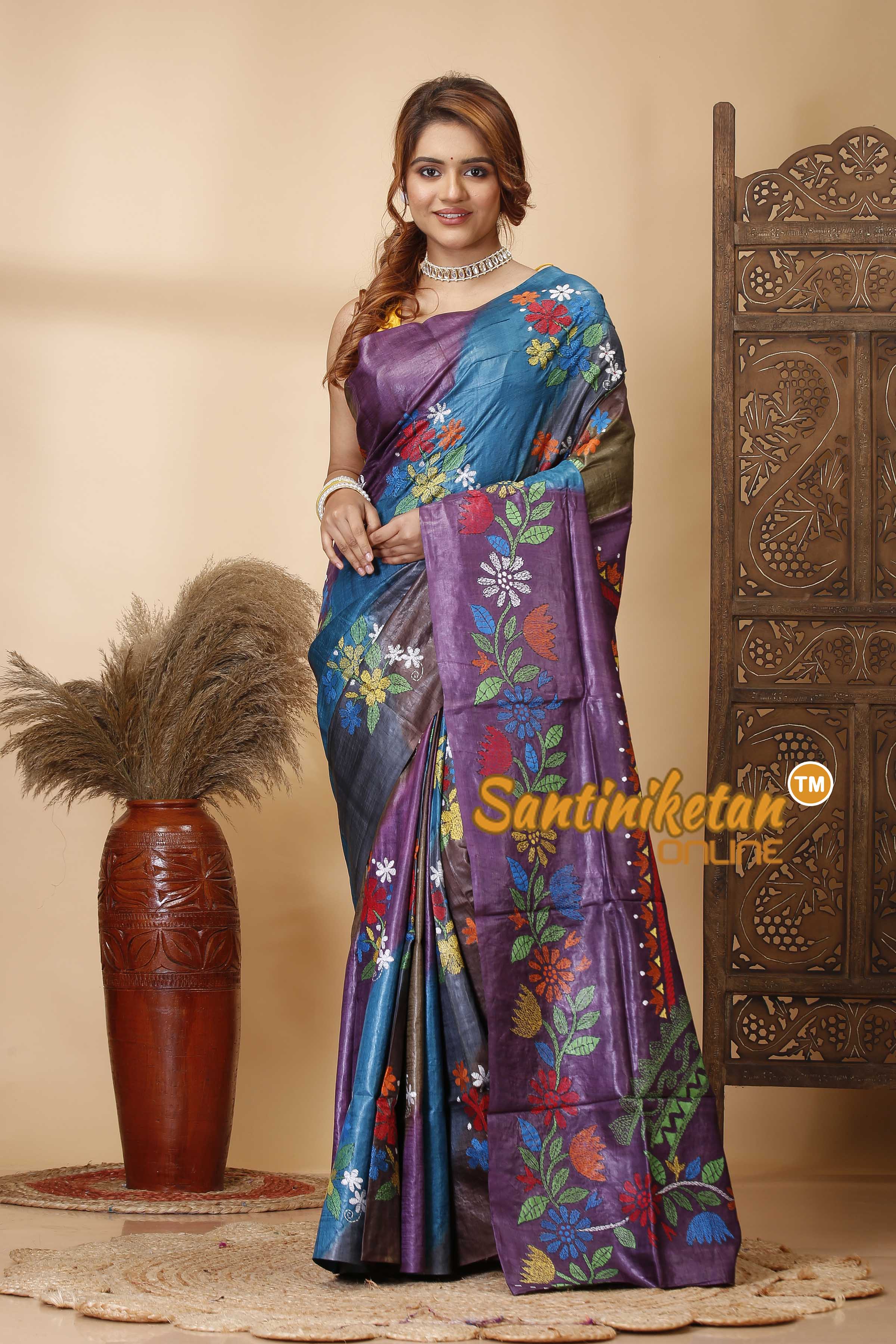 Pure Dye Tussar Silk Kantha Stitch Saree SN202521398