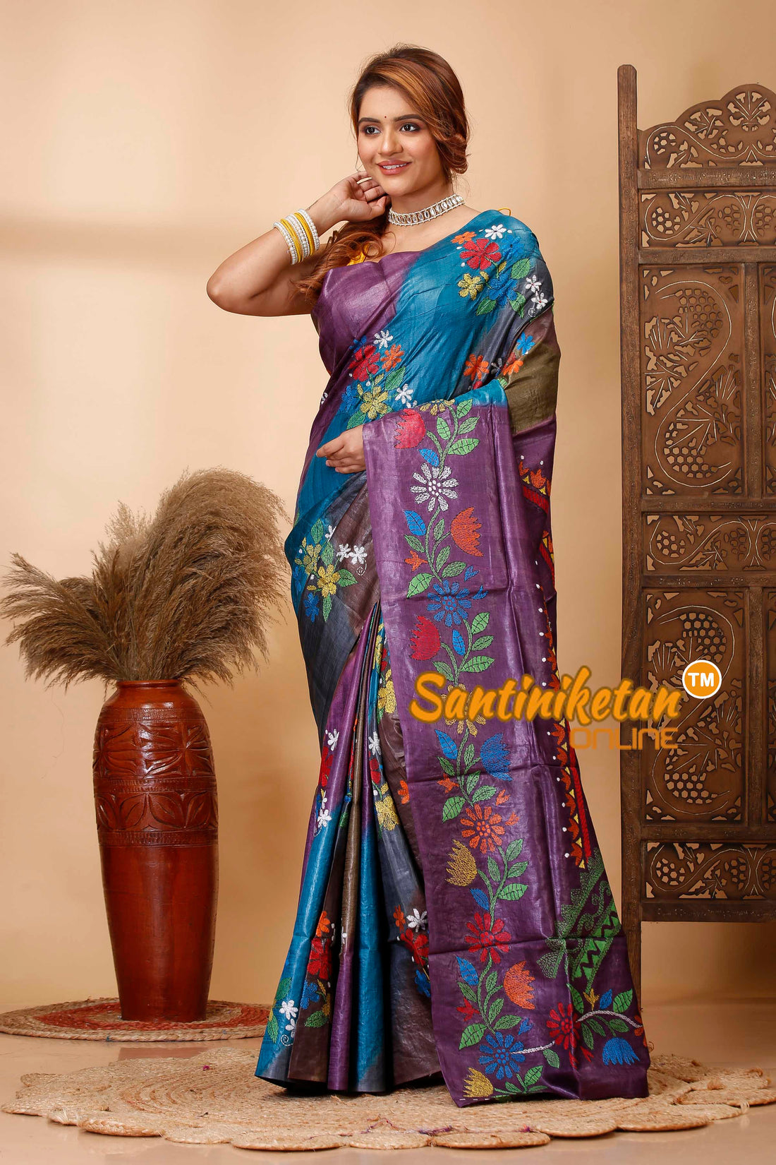 Pure Dye Tussar Silk Kantha Stitch Saree SN202521398