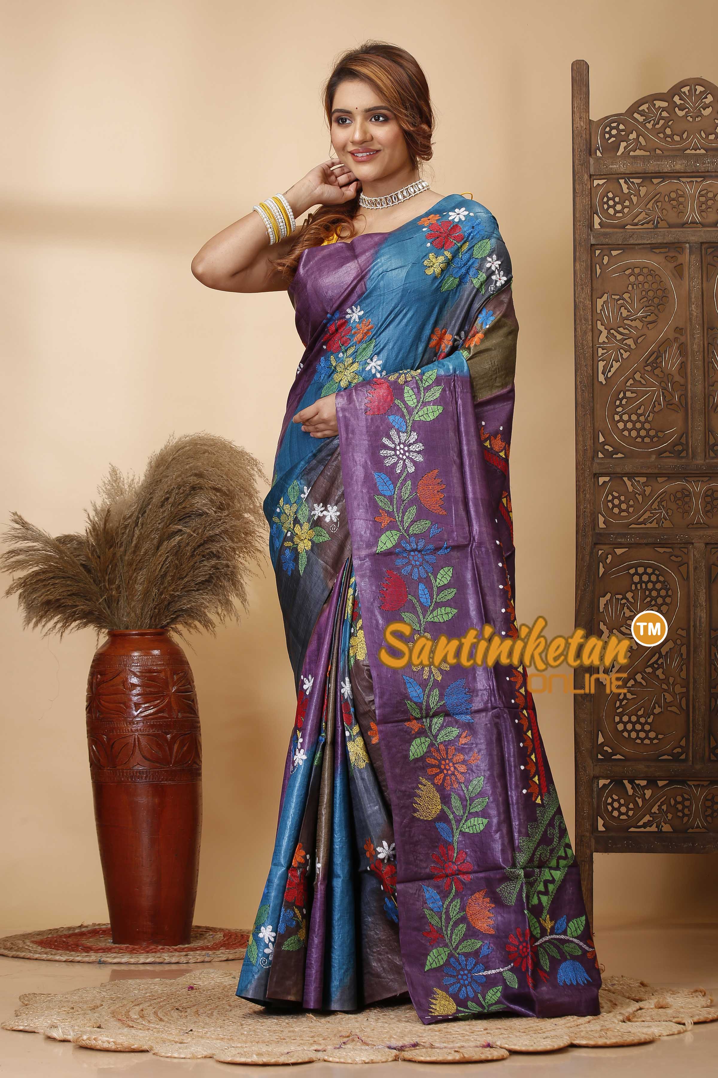 Pure Dye Tussar Silk Kantha Stitch Saree SN202521398