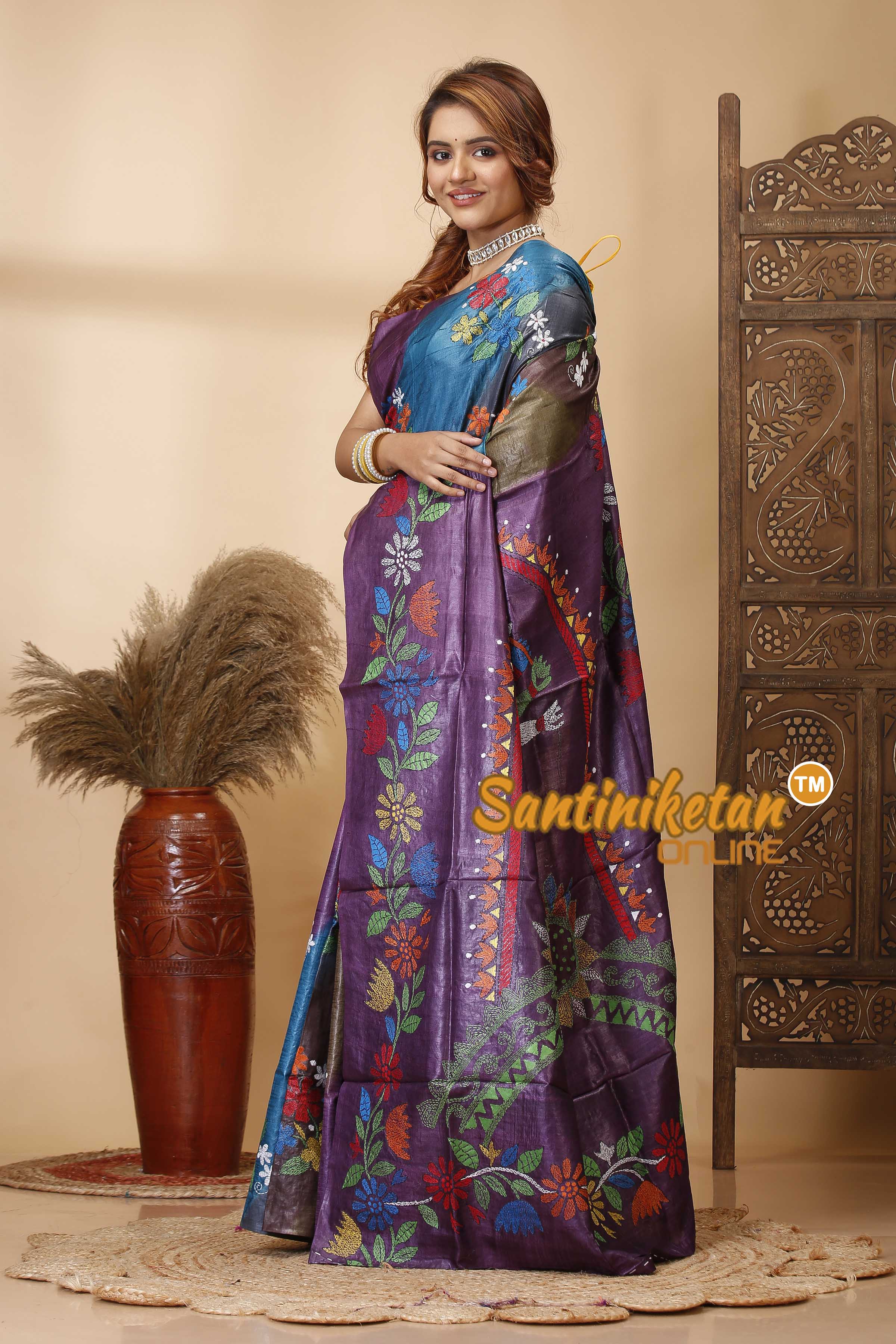 Pure Dye Tussar Silk Kantha Stitch Saree SN202521398