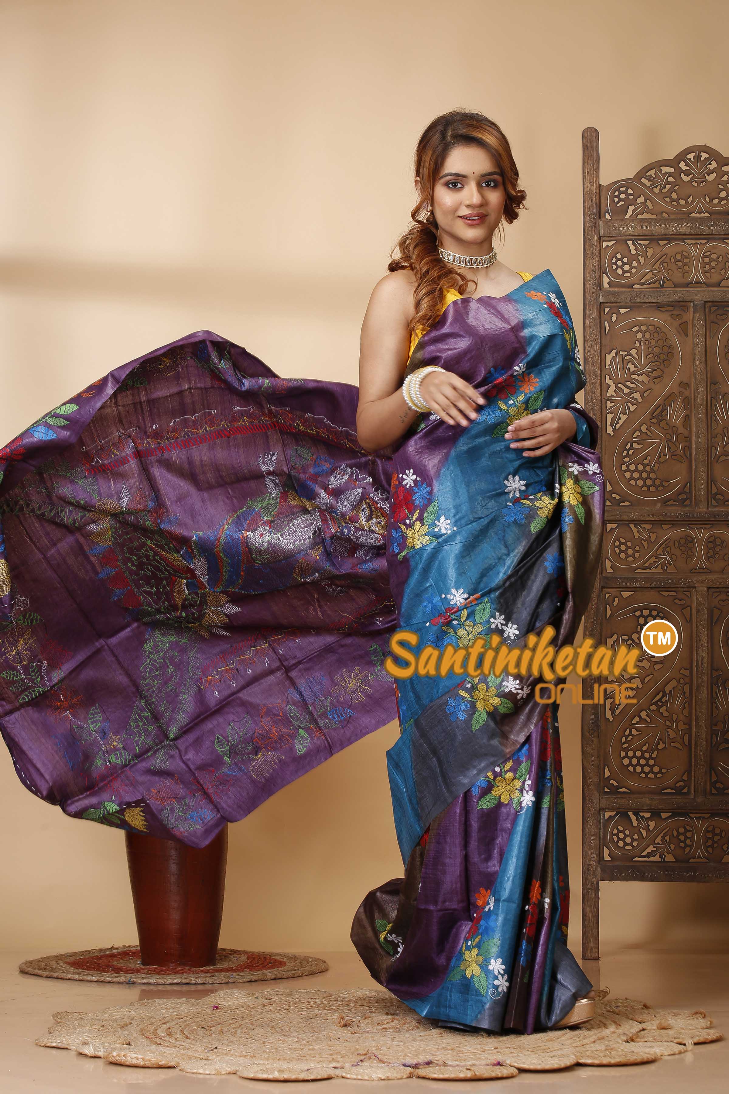 Pure Dye Tussar Silk Kantha Stitch Saree SN202521398