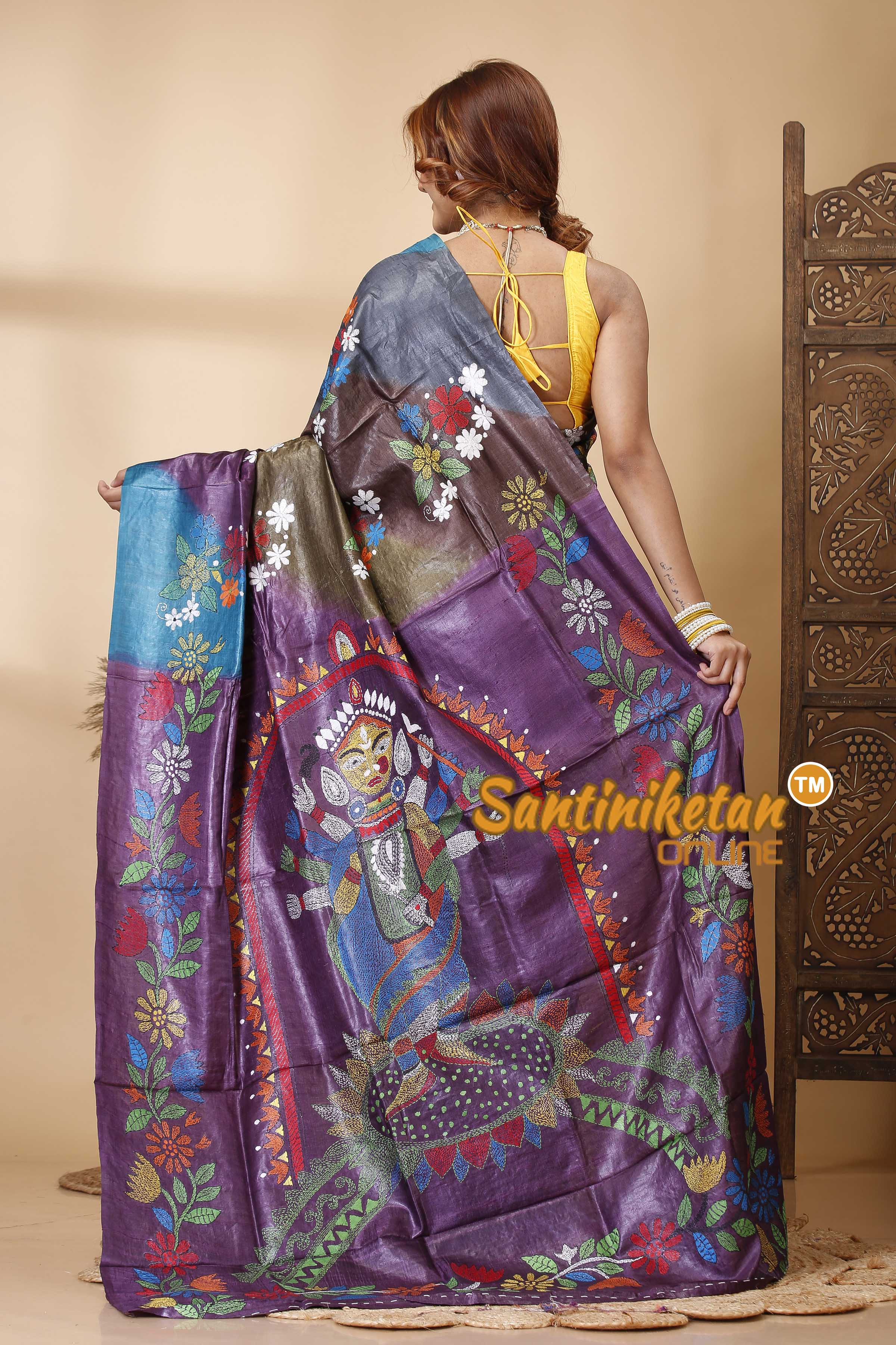 Pure Dye Tussar Silk Kantha Stitch Saree SN202521398