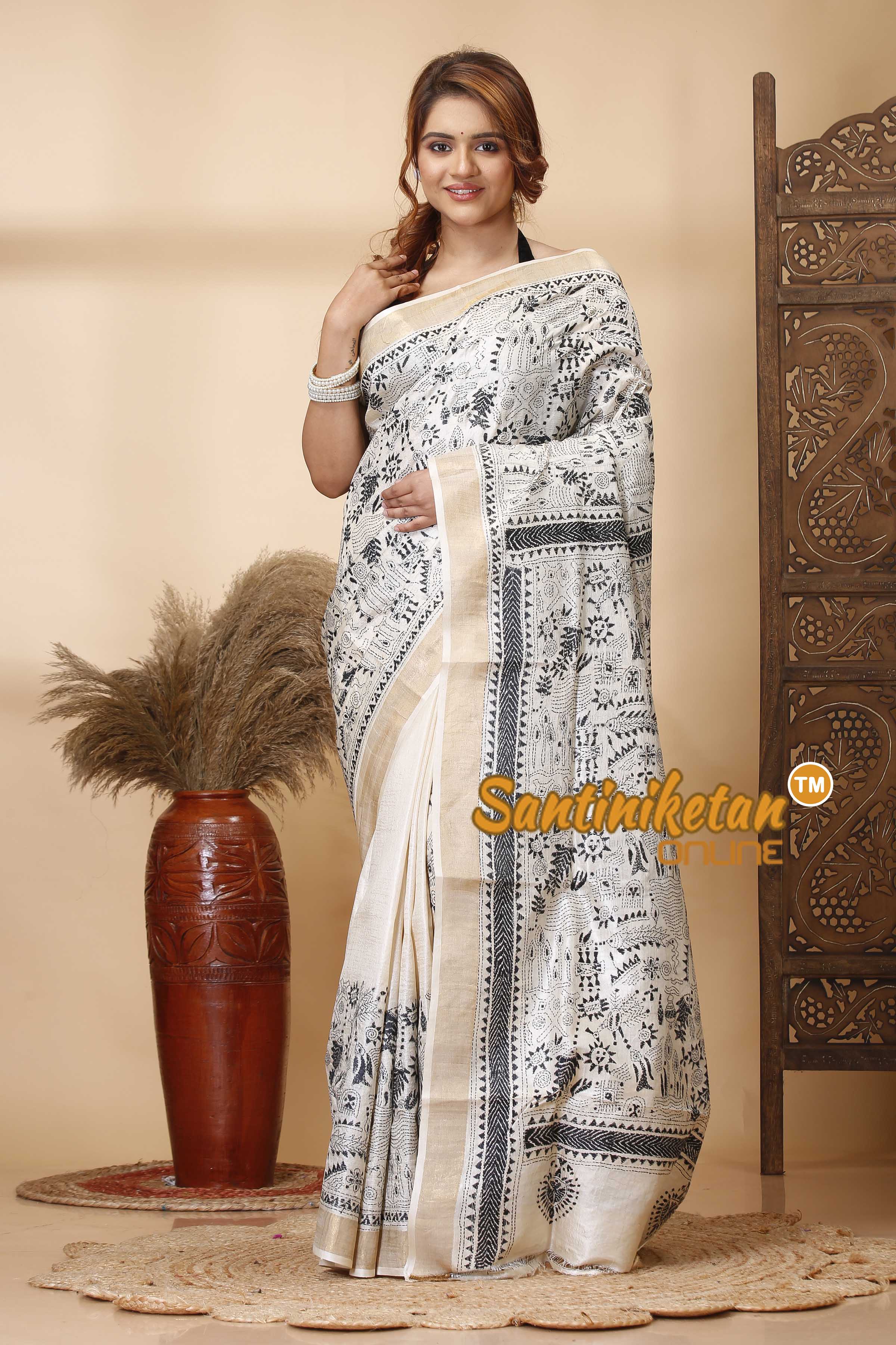Pure Tussar Silk Zari Border Kantha Stitch Saree SN202521487