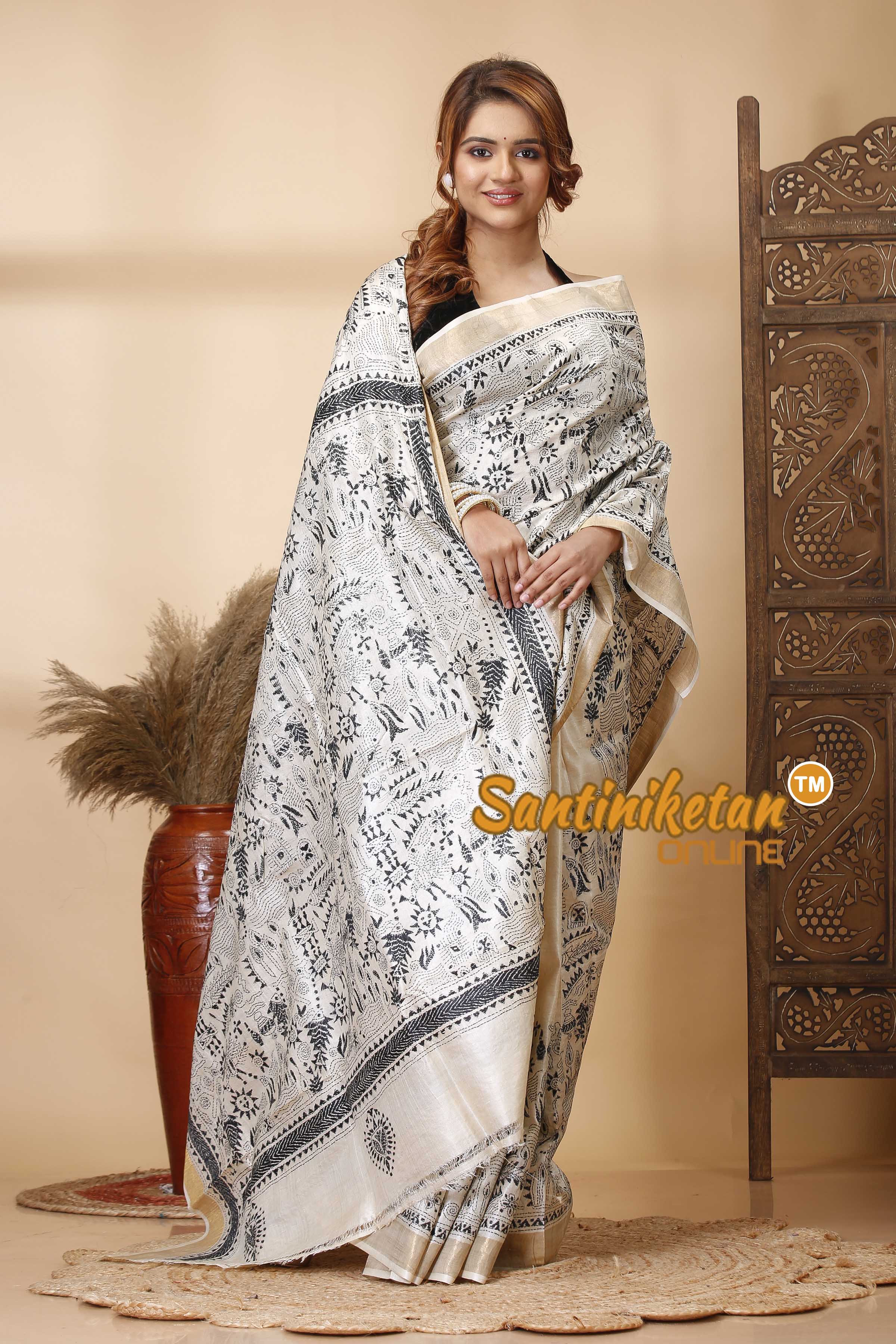 Pure Tussar Silk Zari Border Kantha Stitch Saree SN202521487