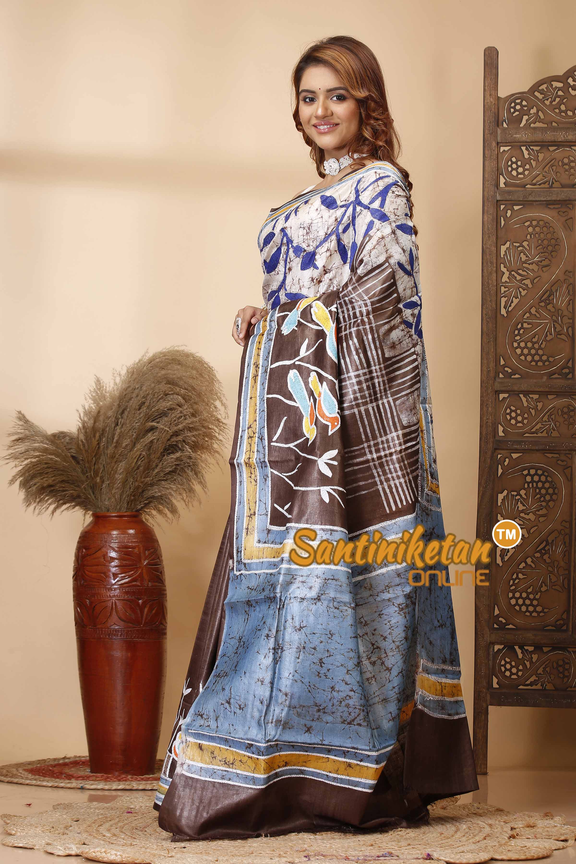 Pure Tussar Silk Hand Batik with Kantha Stitch Saree SN202521535