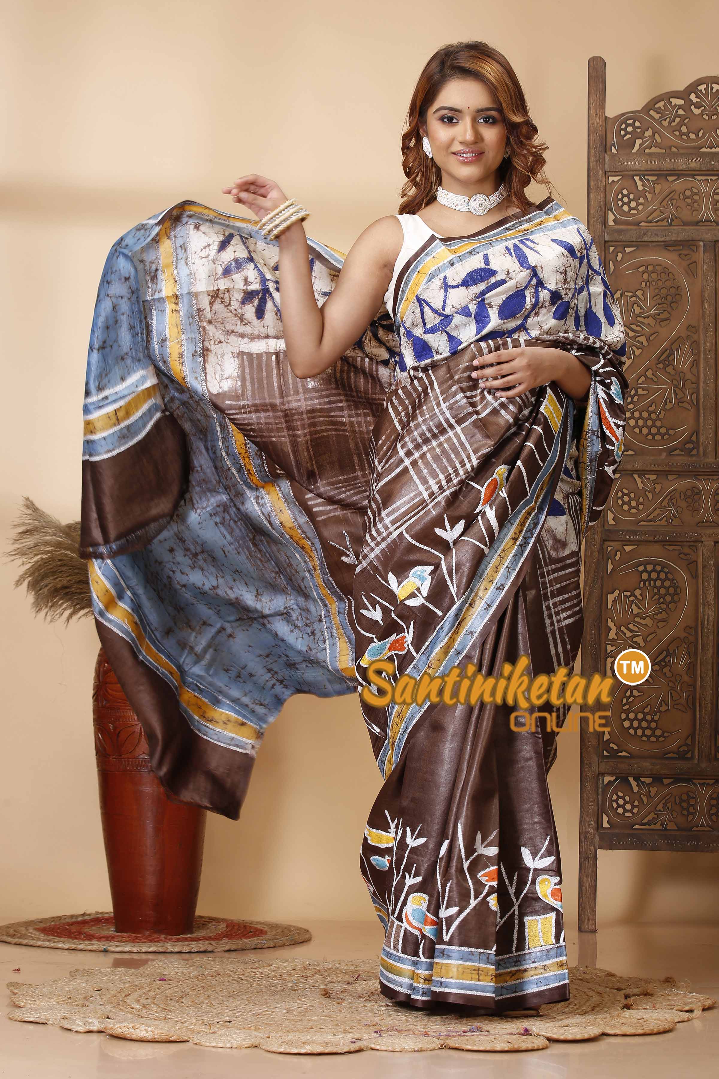 Pure Tussar Silk Hand Batik with Kantha Stitch Saree SN202521535