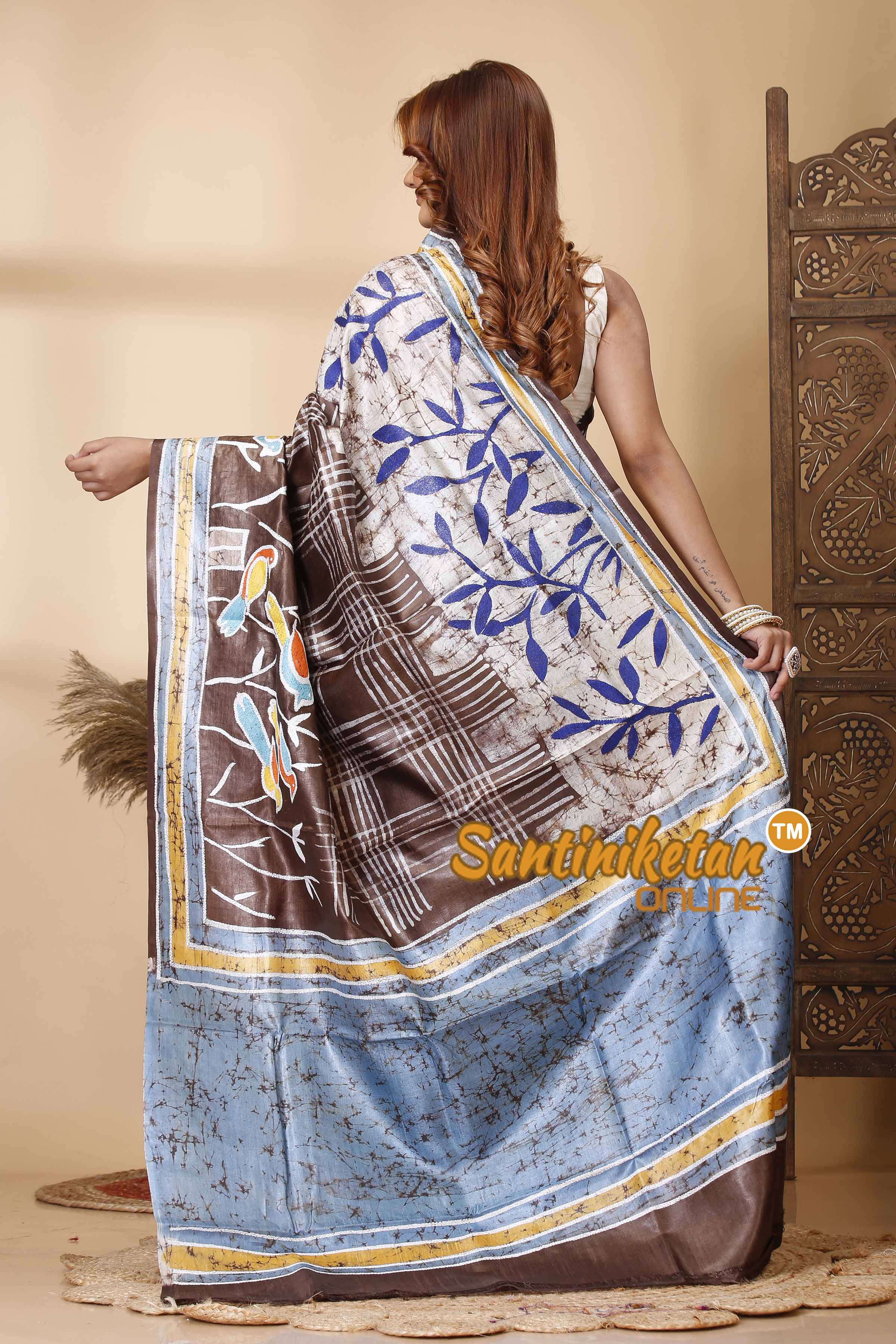 Pure Tussar Silk Hand Batik with Kantha Stitch Saree SN202521535