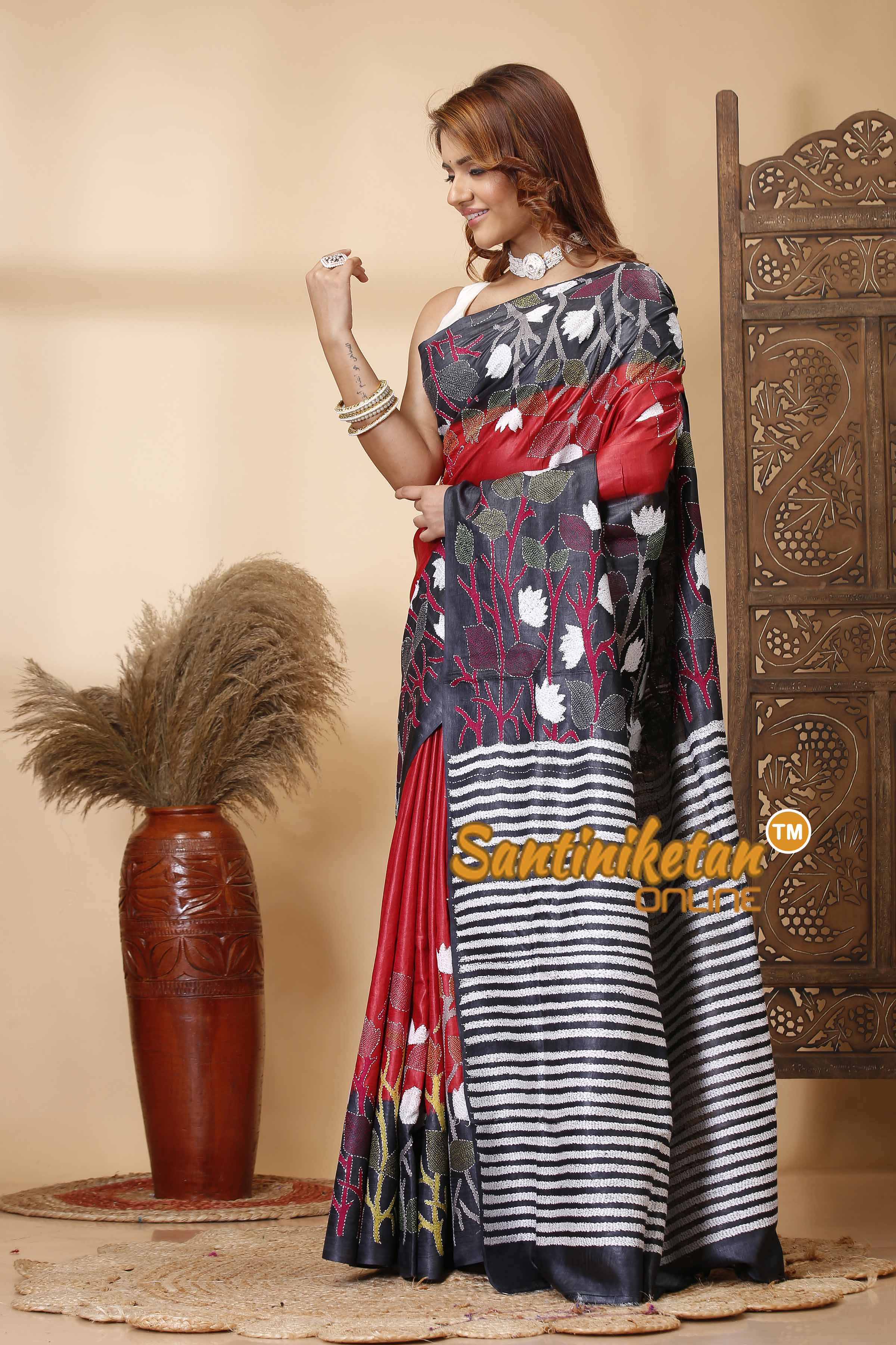 Dye Pure Gachi Tussar Silk Kantha Stitch Saree SN202521548