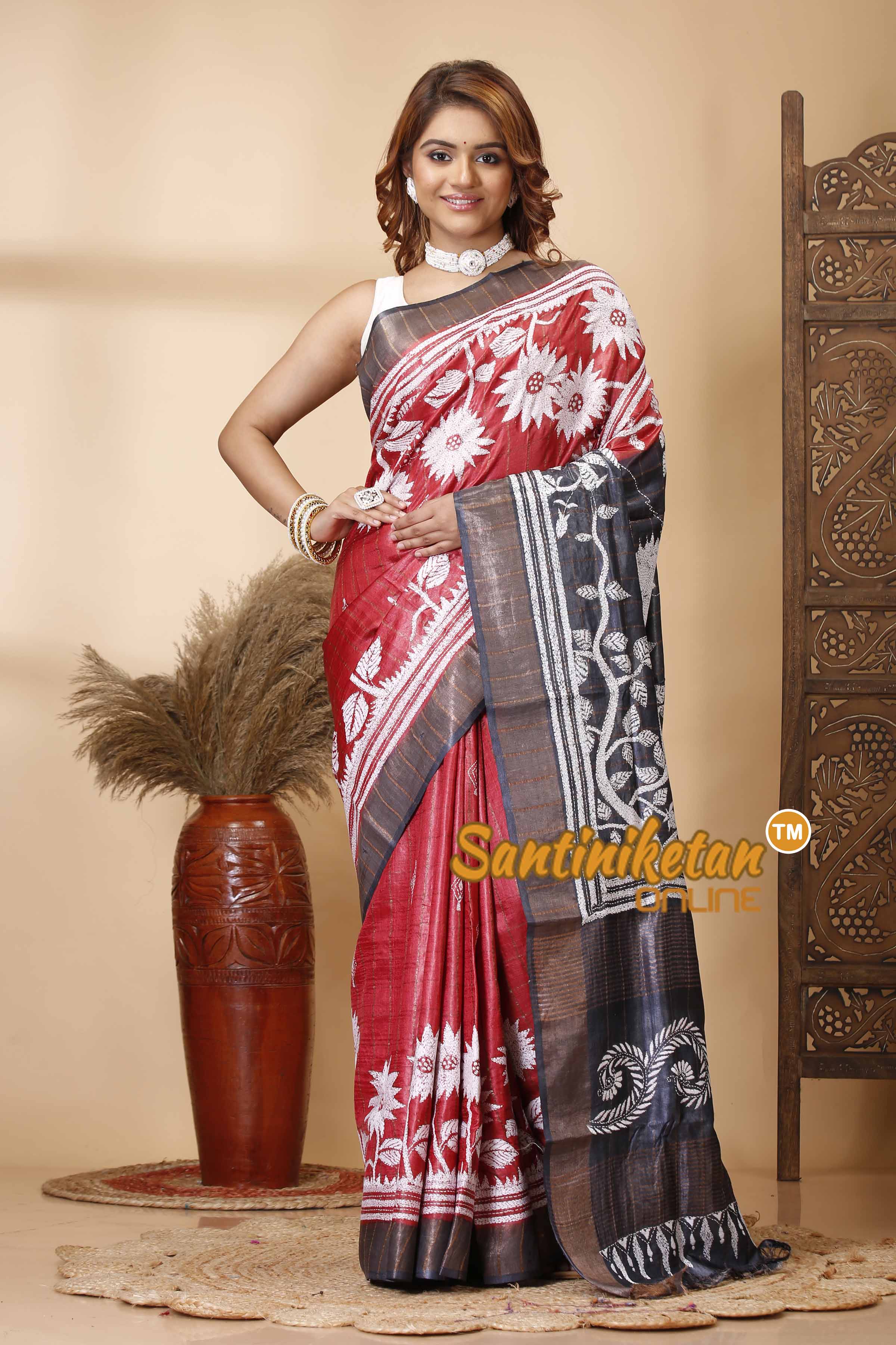 Zari Border Pure Tussar Silk Kantha Stitch Saree SN202521559