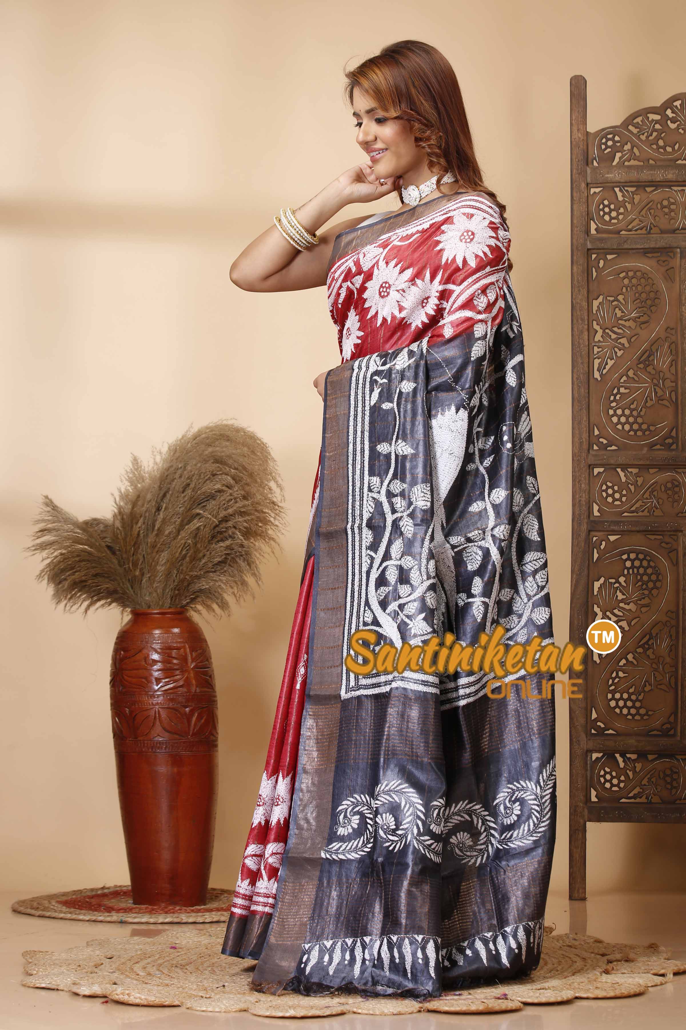 Zari Border Pure Tussar Silk Kantha Stitch Saree SN202521559