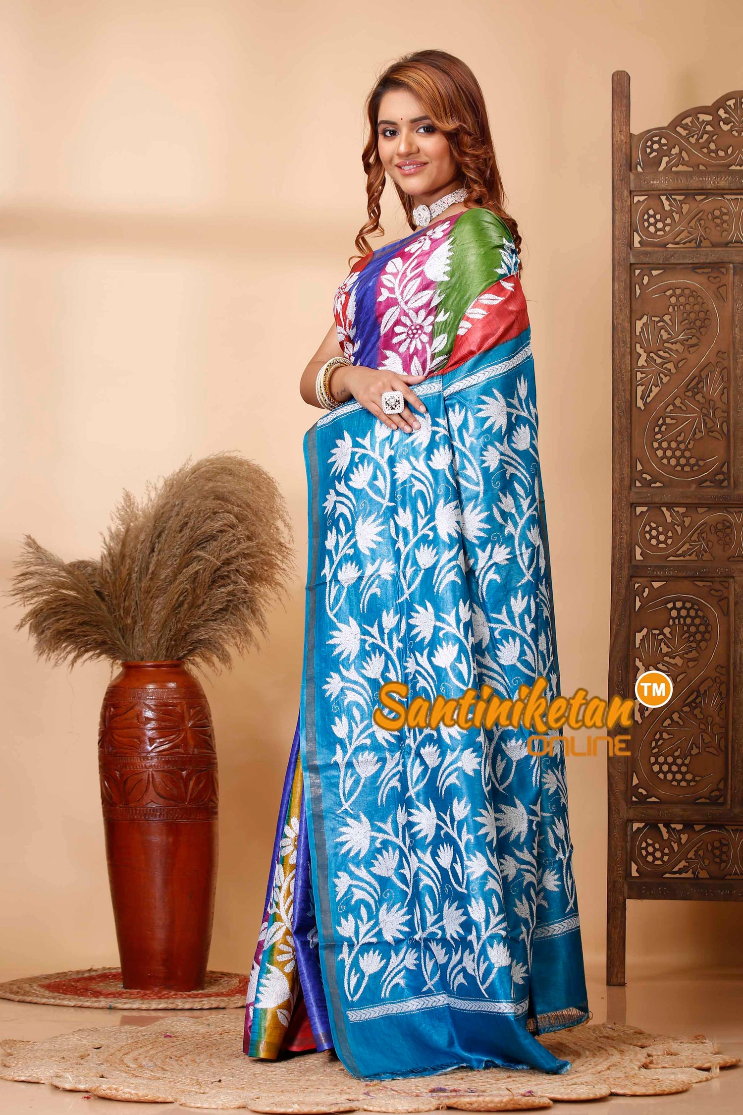 Pure Dye Tussar Silk Kantha Stitch Saree SN202521571