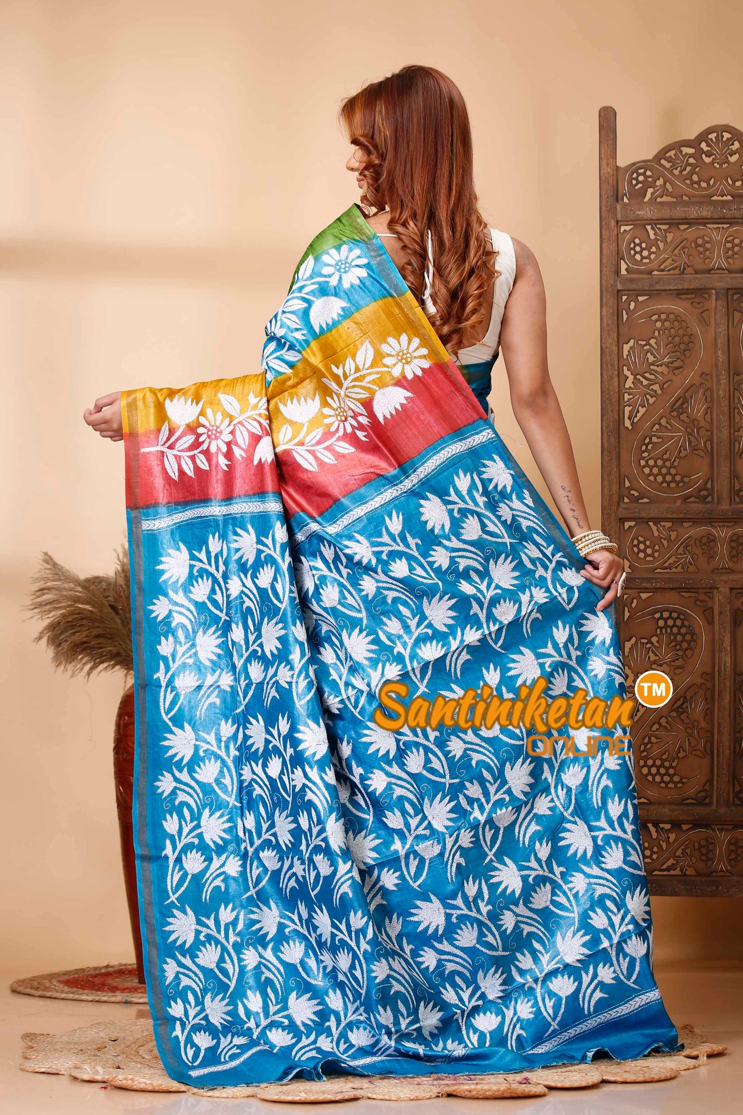 Pure Dye Tussar Silk Kantha Stitch Saree SN202521571