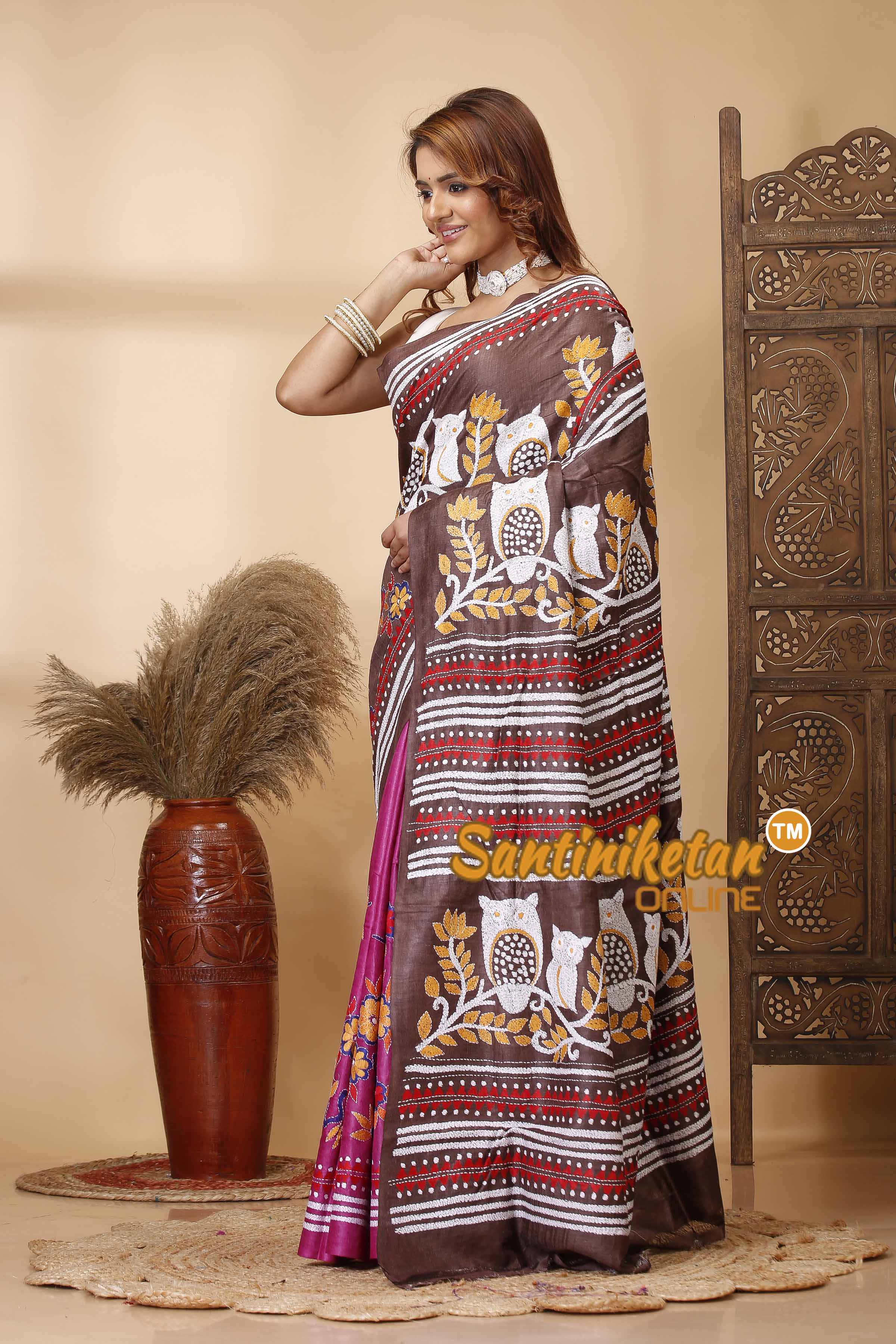 Pure Dye Ketiya Tussar Silk Kantha Stitch Saree SN202521577