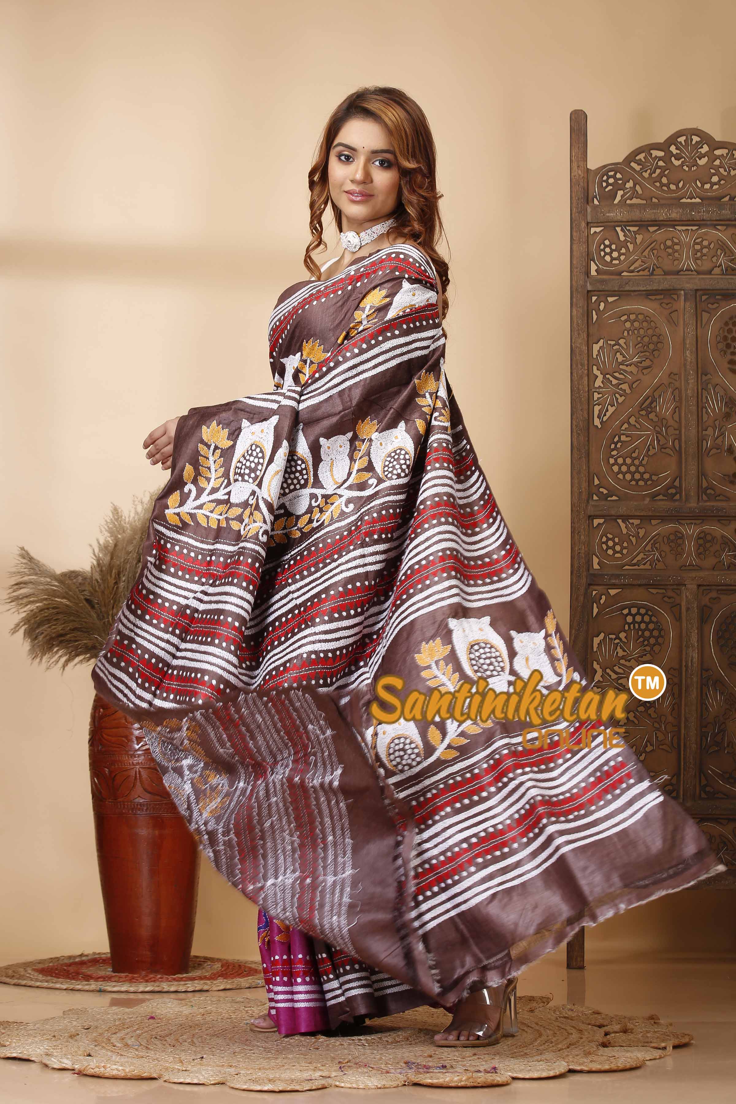 Pure Dye Ketiya Tussar Silk Kantha Stitch Saree SN202521577