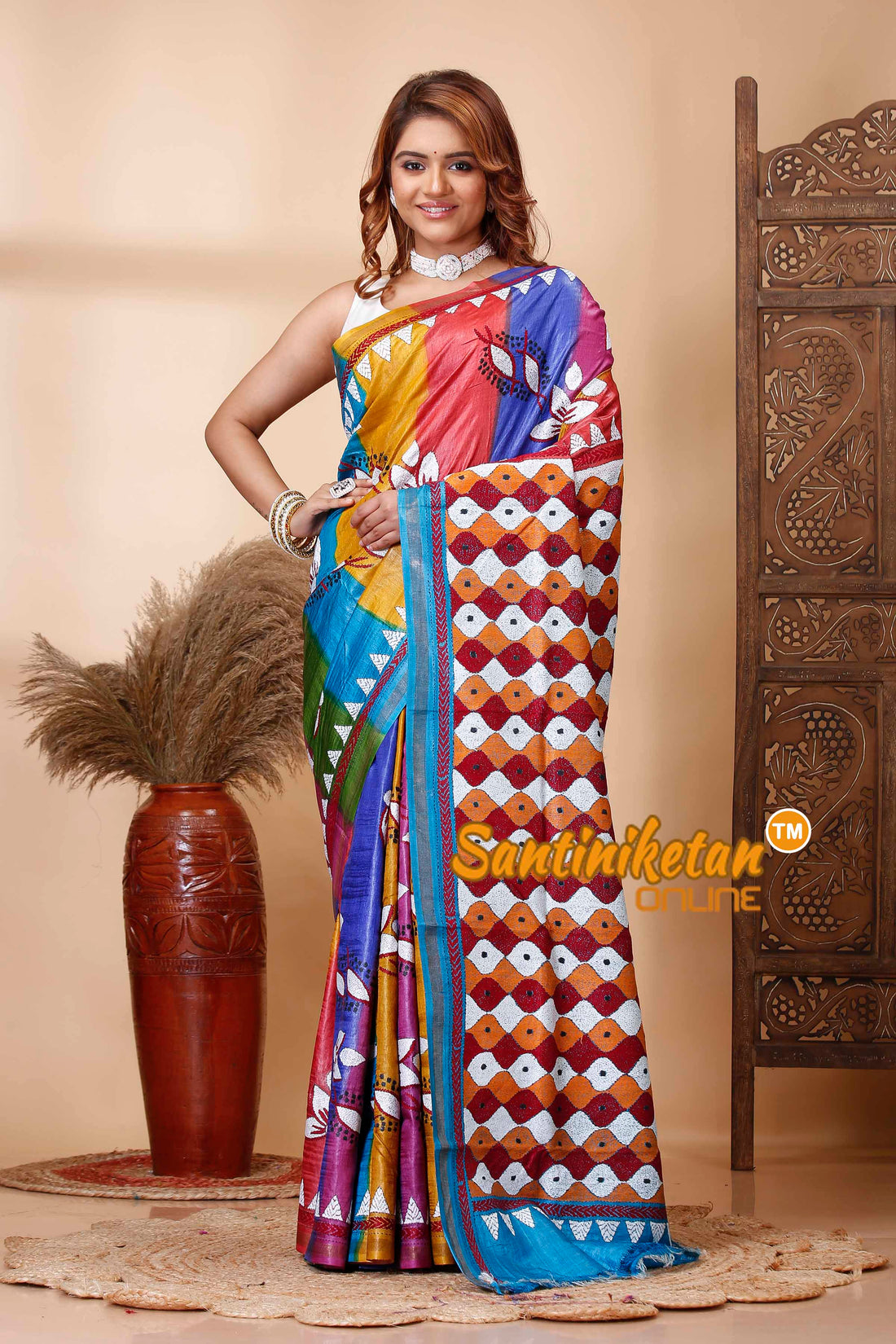 Pure Dye Tussar Silk Kantha Stitch Saree SN202521583