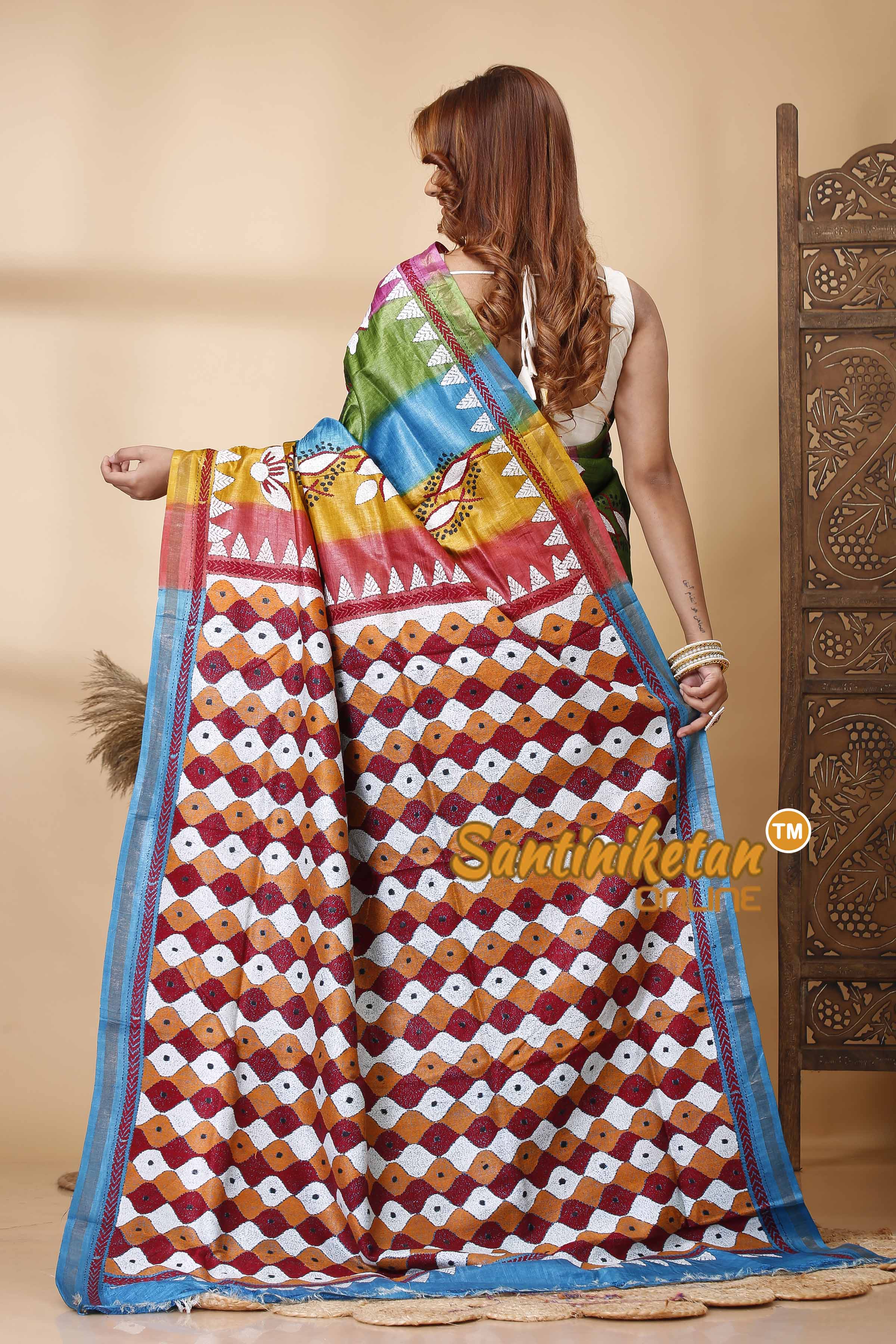 Pure Dye Tussar Silk Kantha Stitch Saree SN202521583