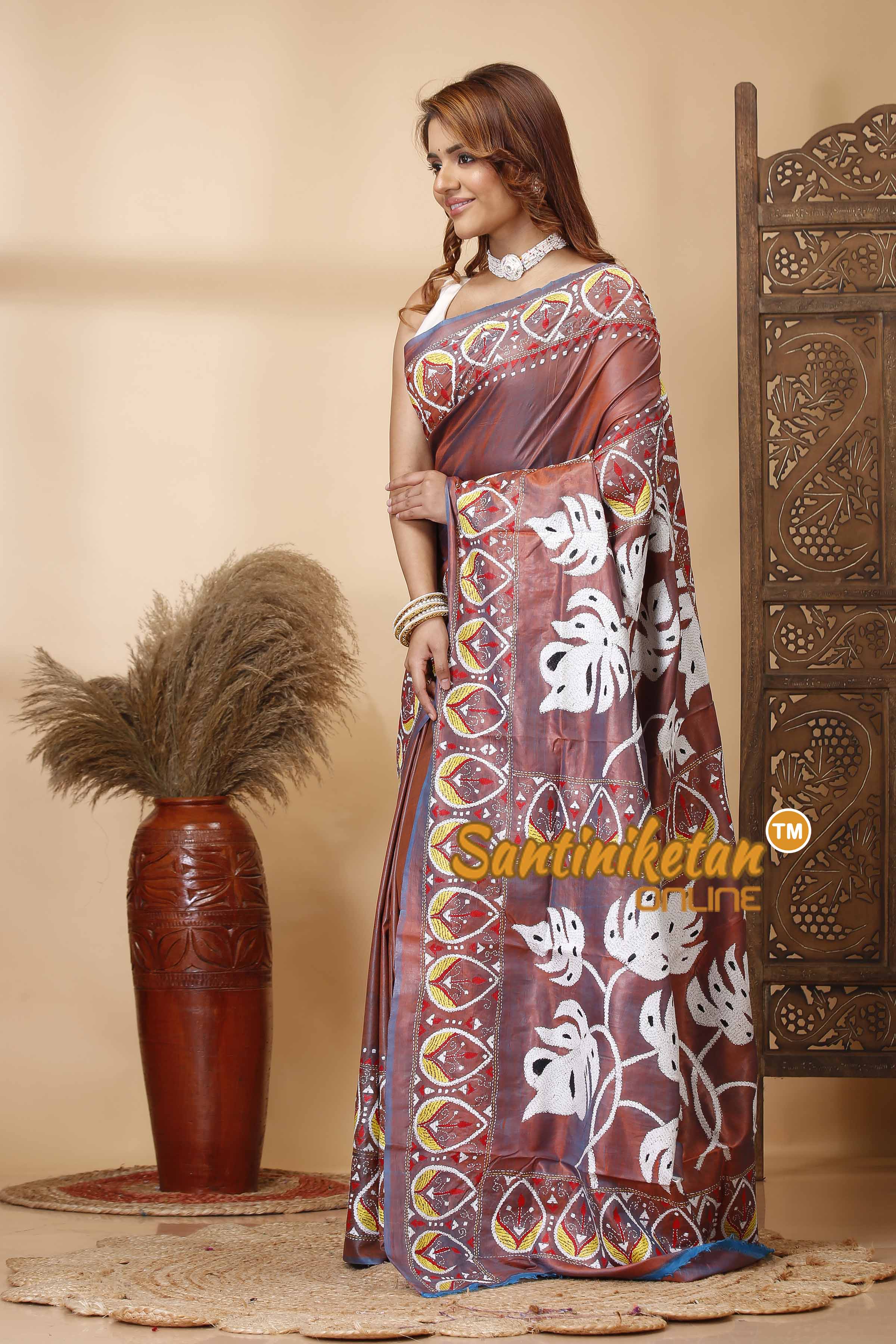 Bishnupuri (Katan) Silk Kantha Stitch Saree SN202521589