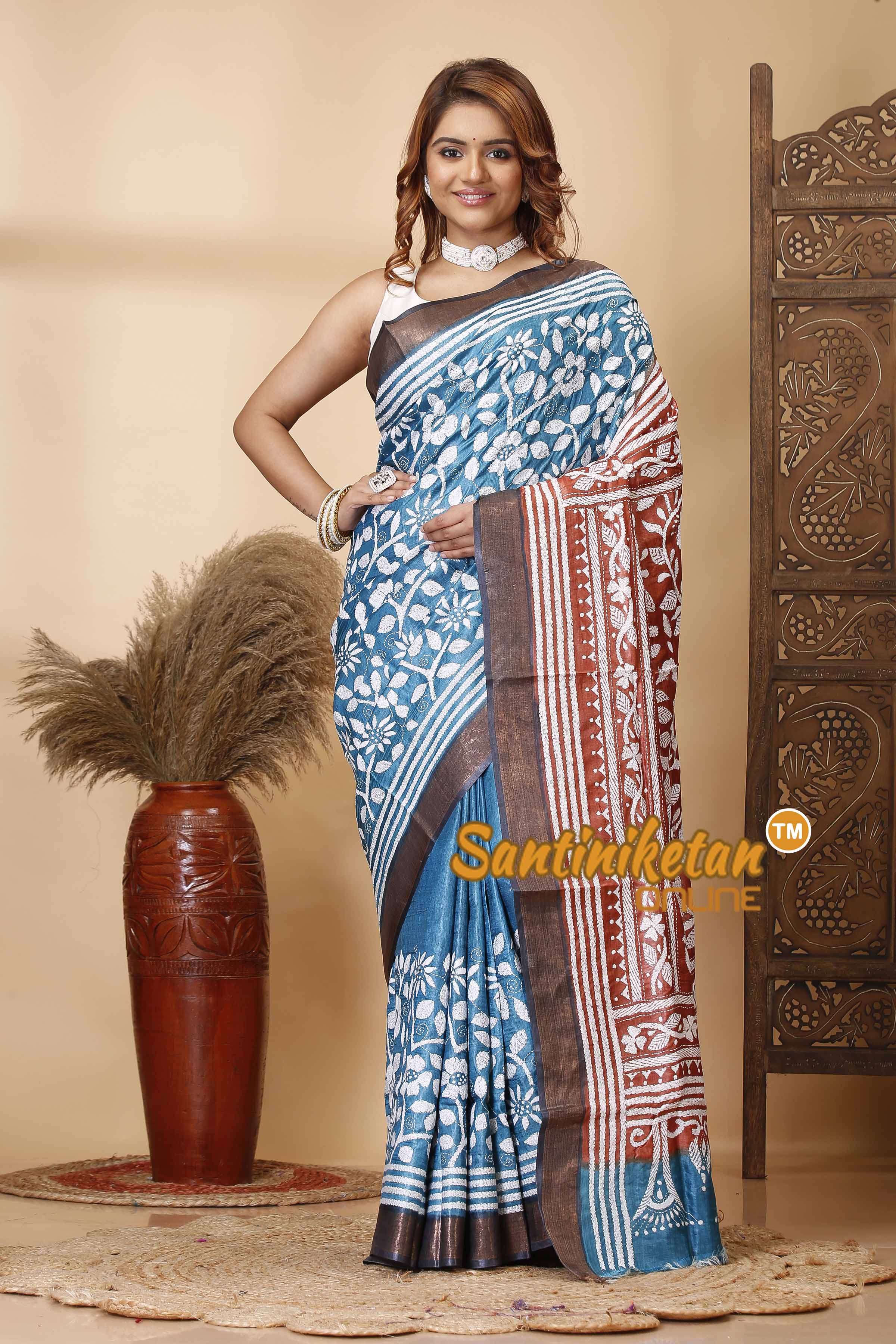 Pure Tussar Silk Zari Border Kantha Stitch Saree SN202521595