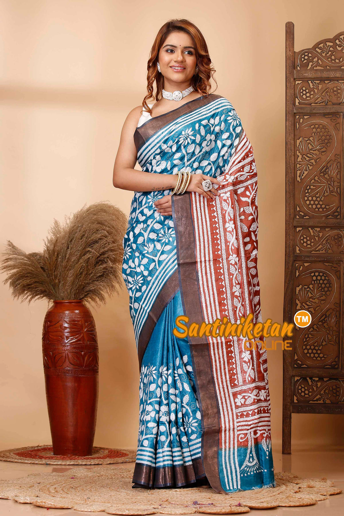 Pure Tussar Silk Zari Border Kantha Stitch Saree SN202521595