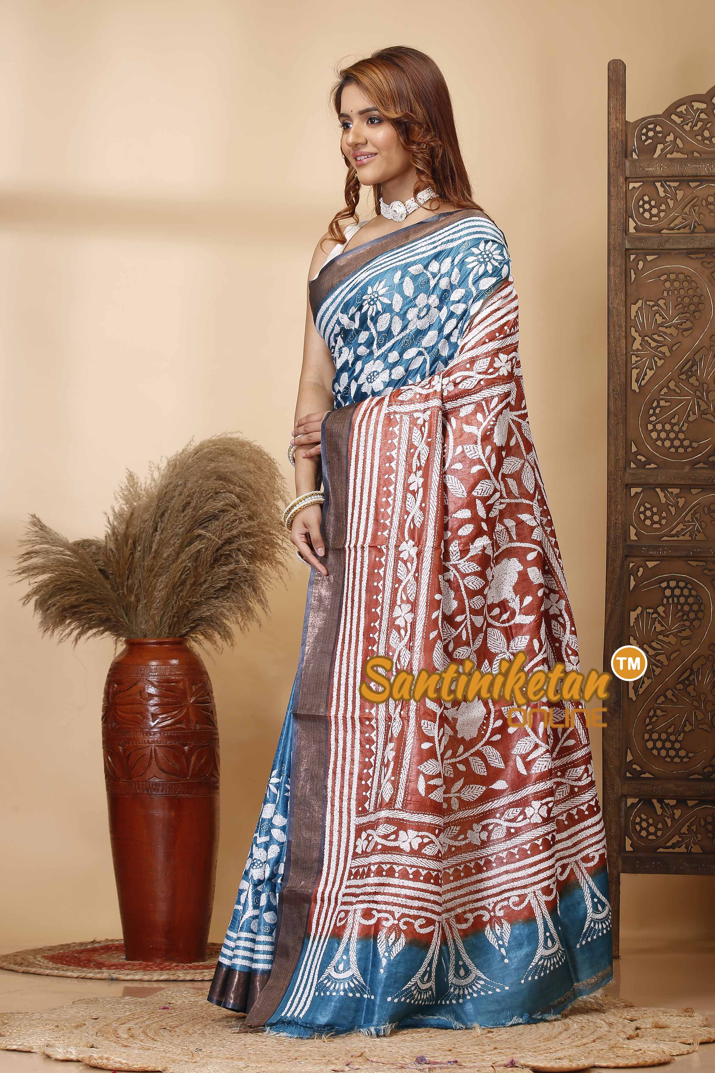 Pure Tussar Silk Zari Border Kantha Stitch Saree SN202521595