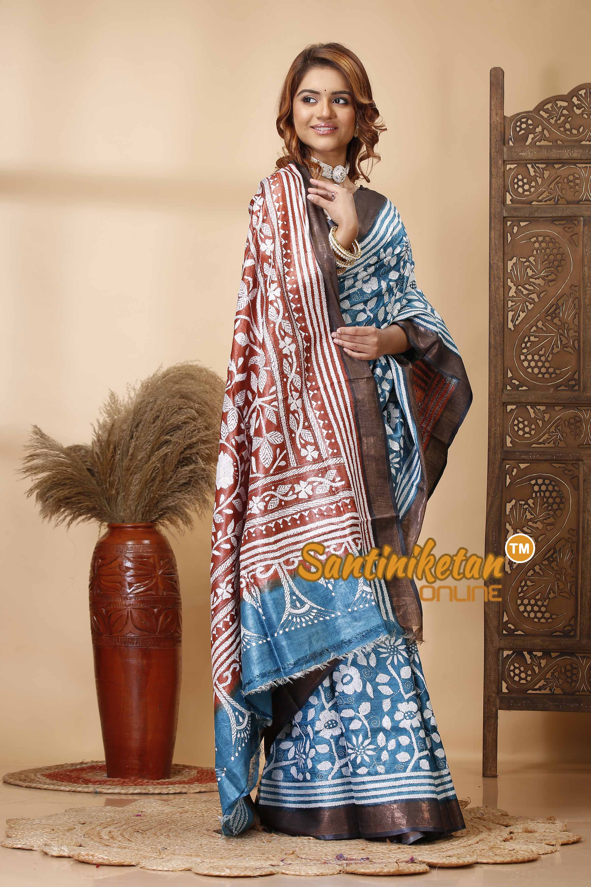 Pure Tussar Silk Zari Border Kantha Stitch Saree SN202521595