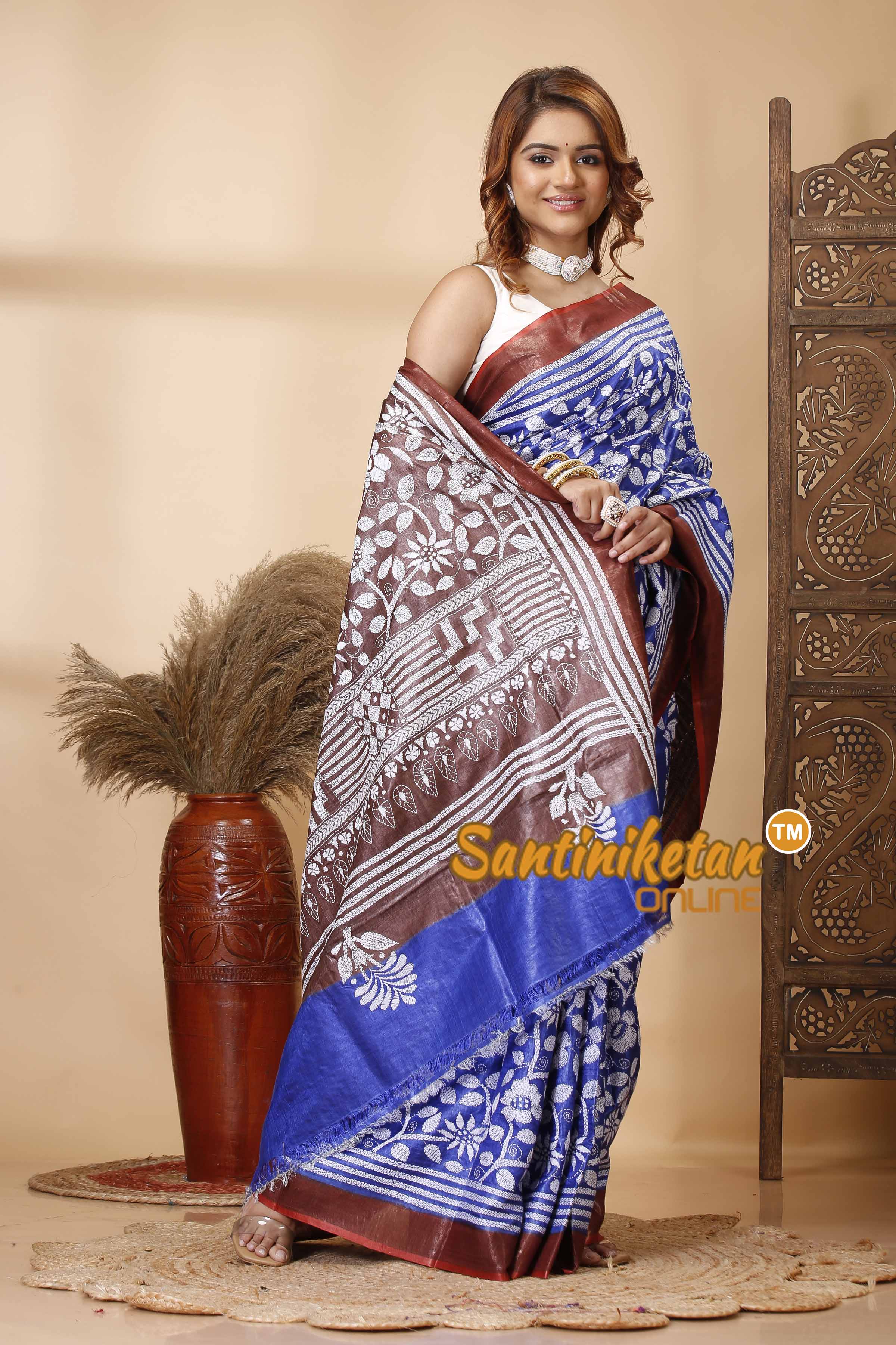 Pure Tussar Silk Zari Border Kantha Stitch Saree SN202521601