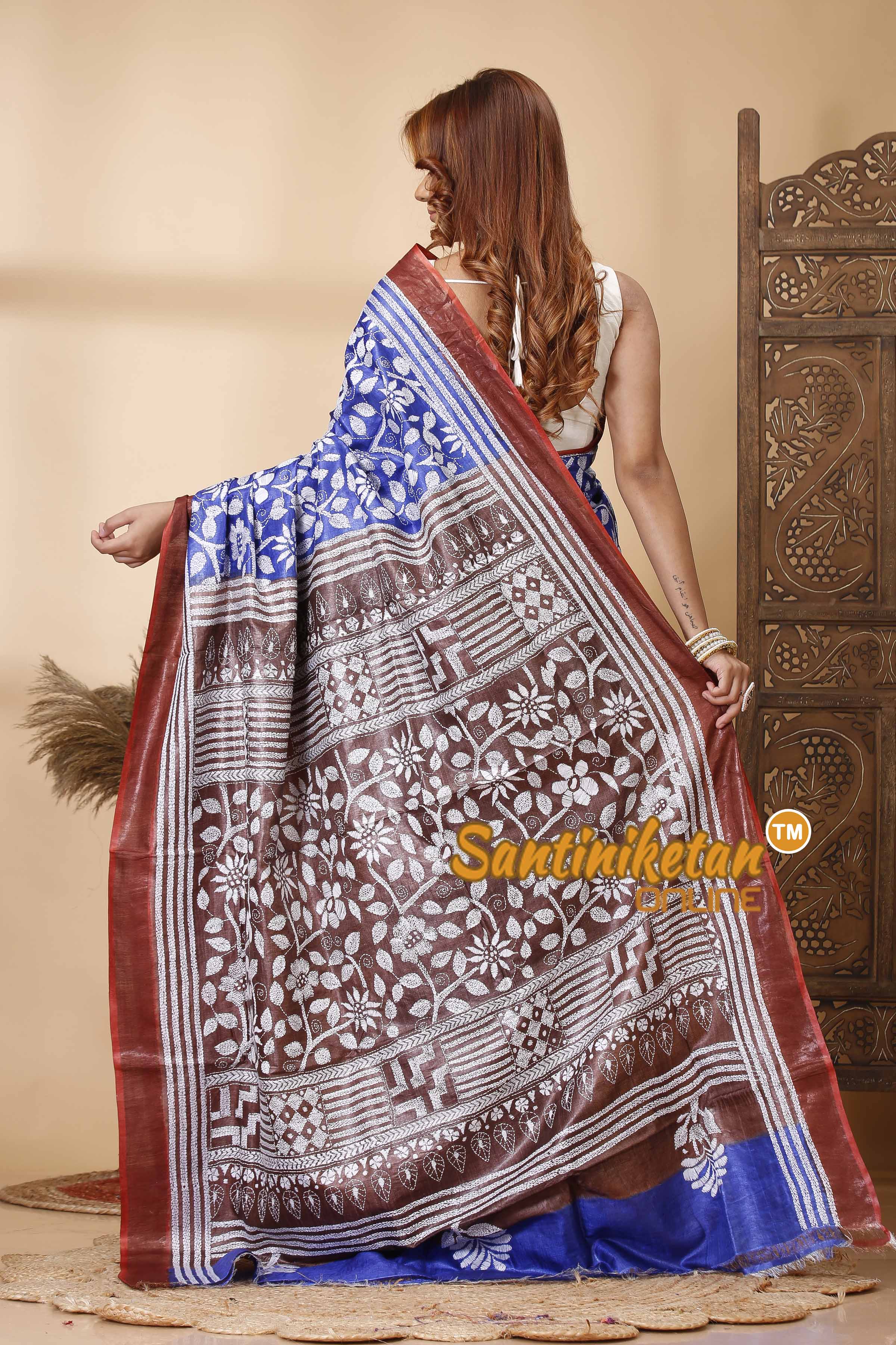 Pure Tussar Silk Zari Border Kantha Stitch Saree SN202521601