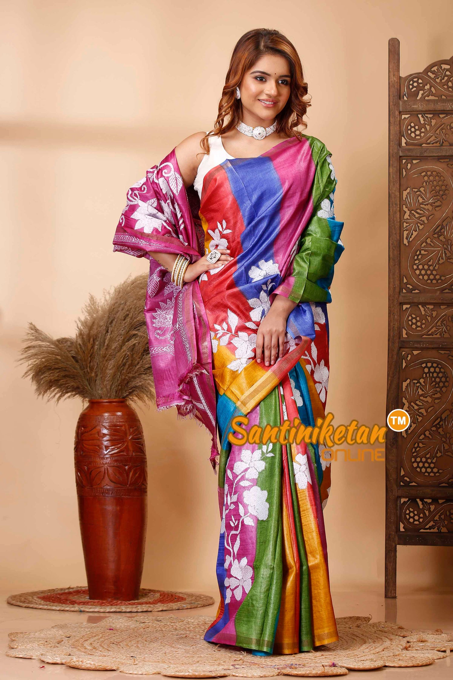 Pure Dye Tussar Silk Kantha Stitch Saree SN202521613