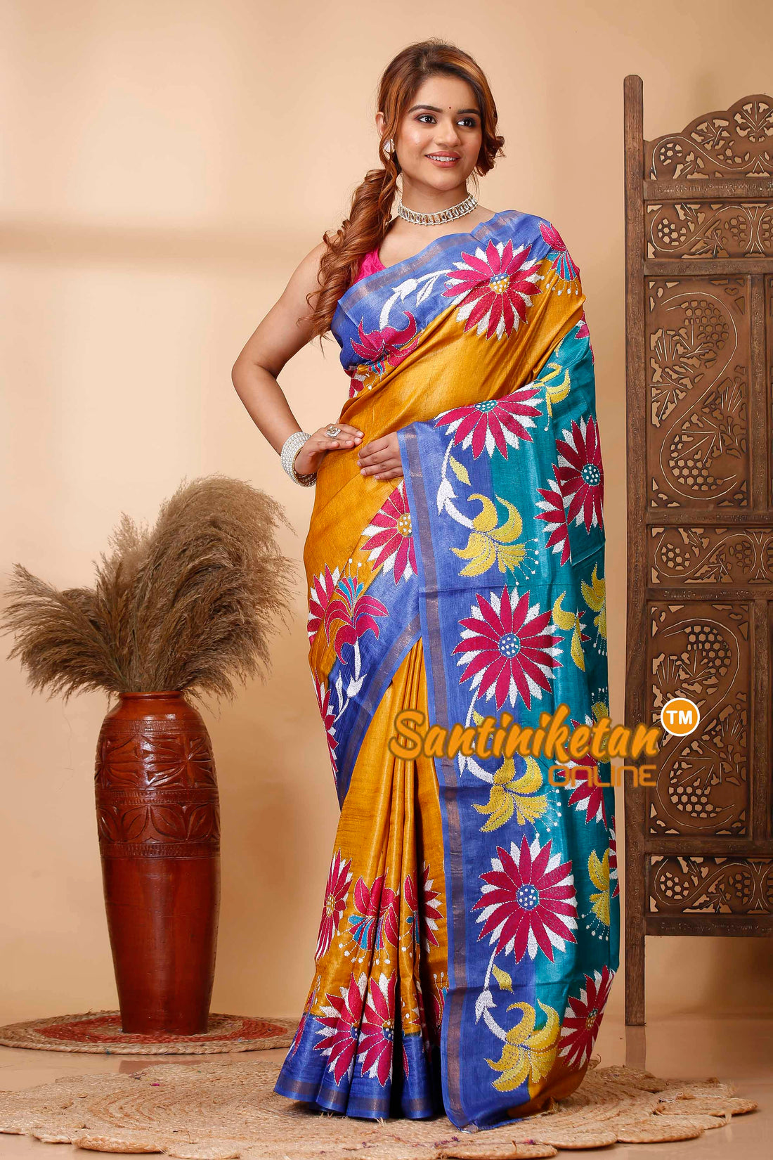 Pure Dye Tussar Silk Kantha Stitch Saree SN202521624