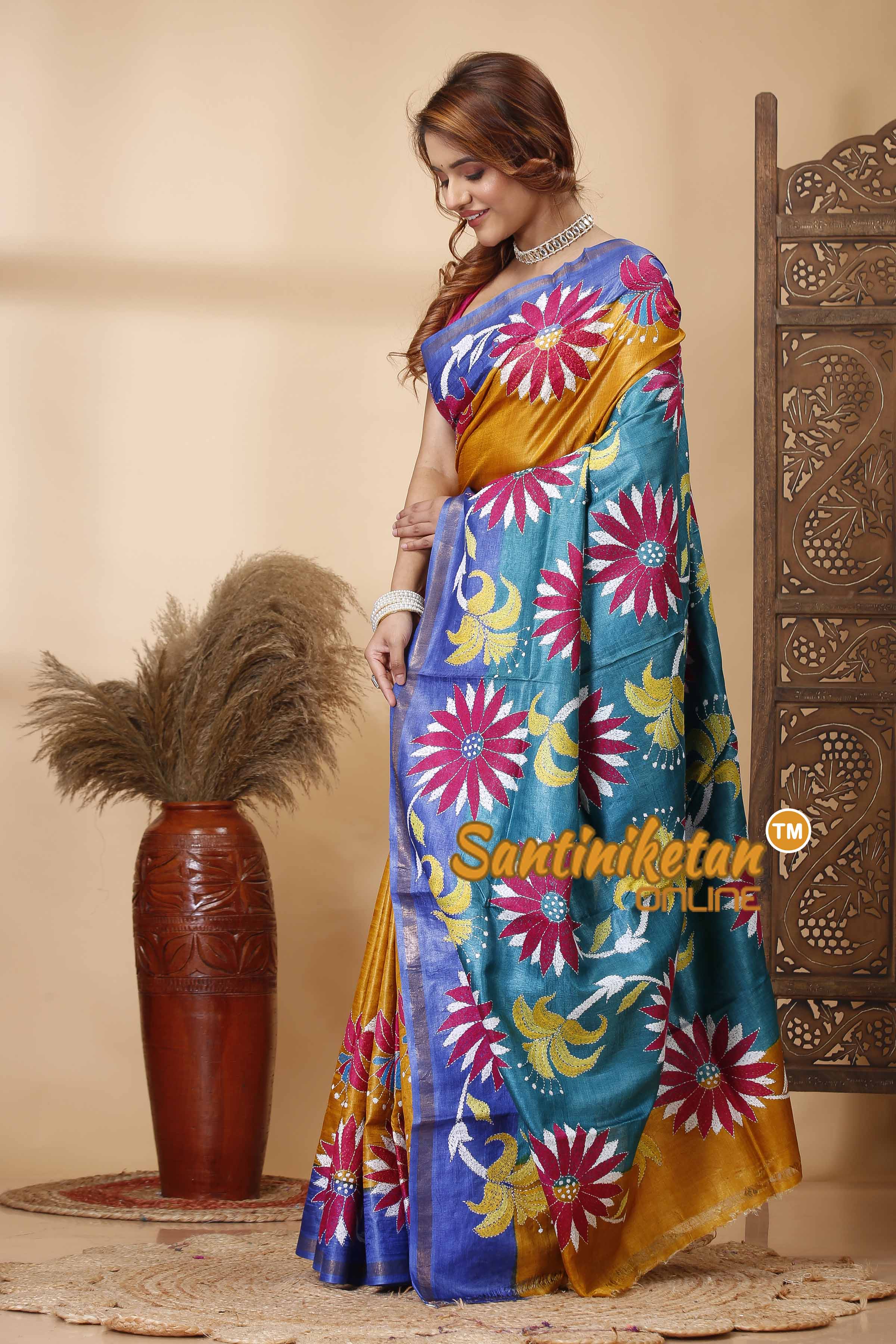 Pure Dye Tussar Silk Kantha Stitch Saree SN202521624