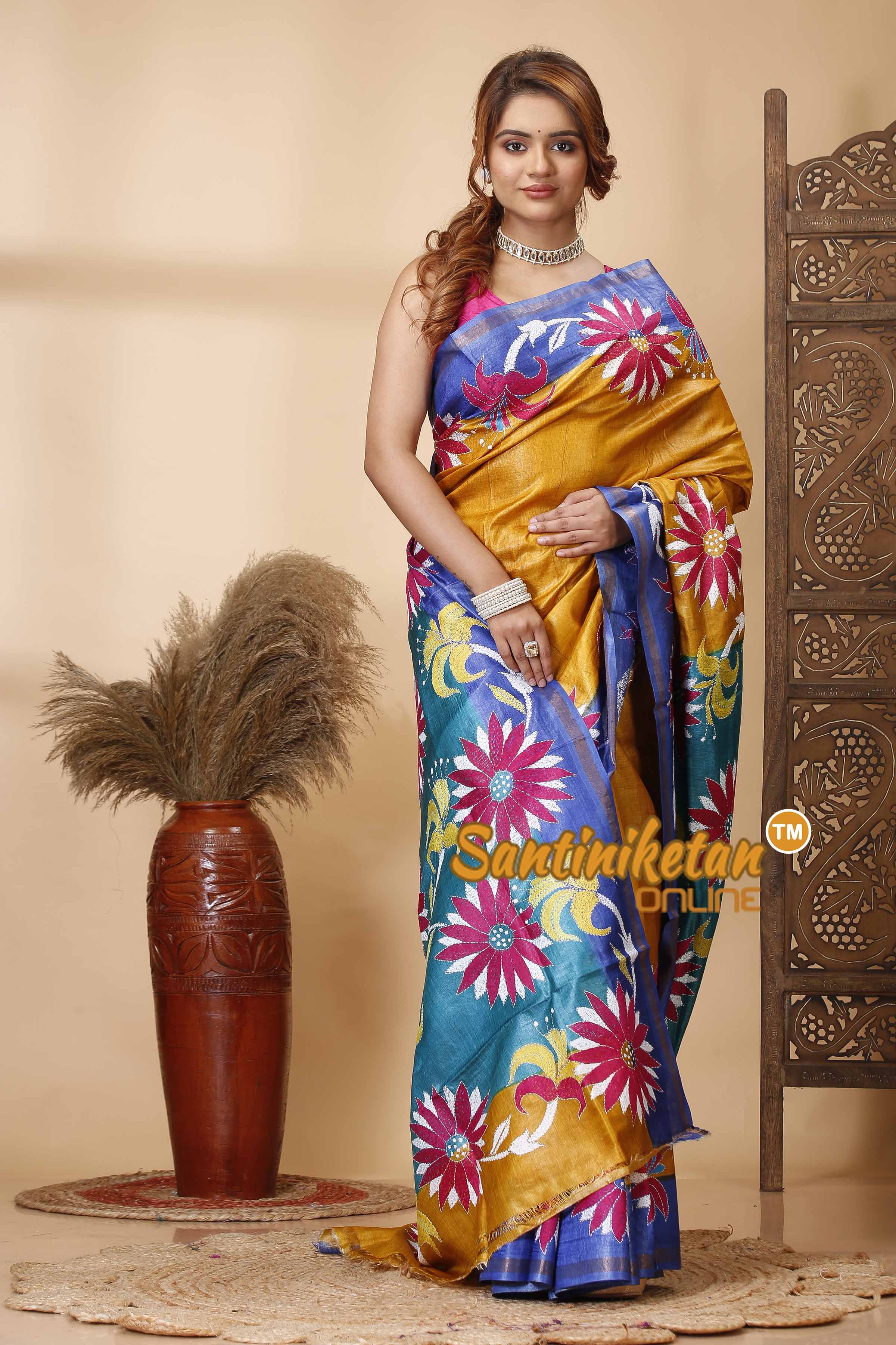 Pure Dye Tussar Silk Kantha Stitch Saree SN202521624