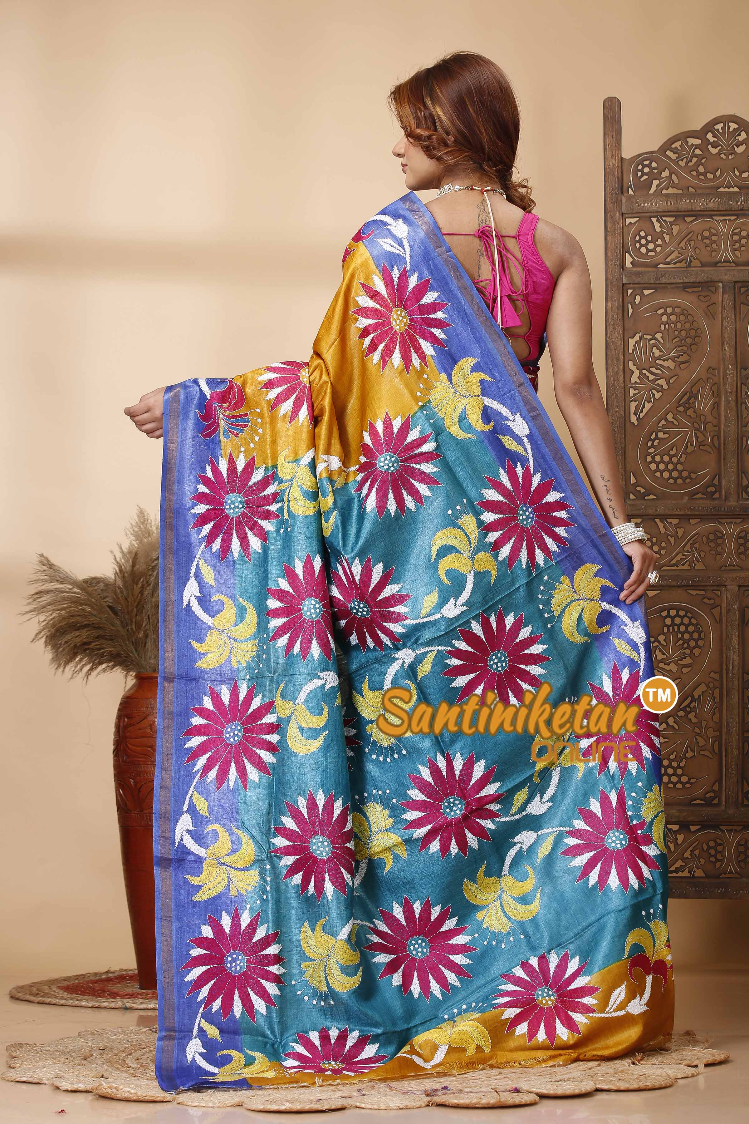 Pure Dye Tussar Silk Kantha Stitch Saree SN202521624
