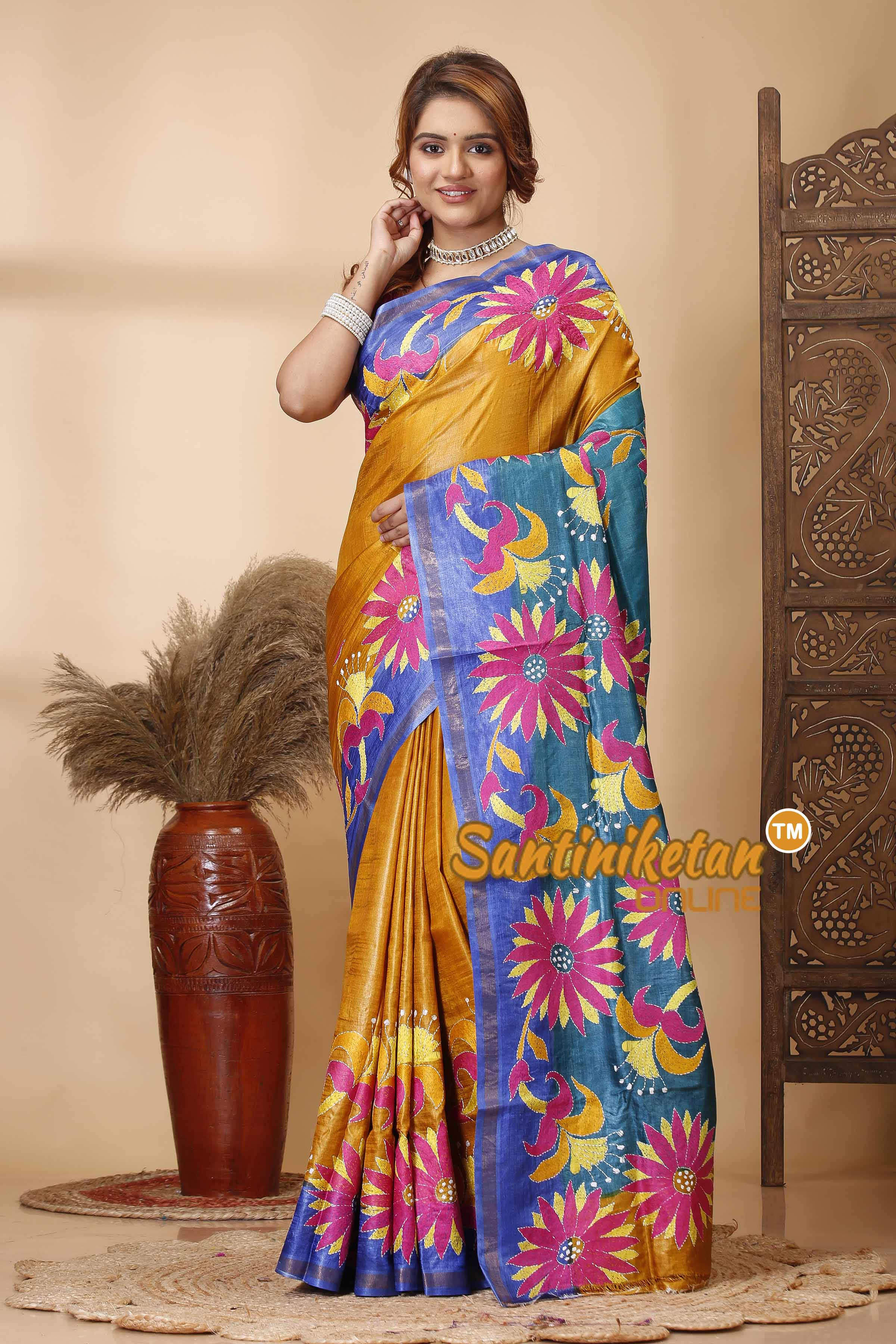 Pure Dye Tussar Silk Kantha Stitch Saree SN202521636
