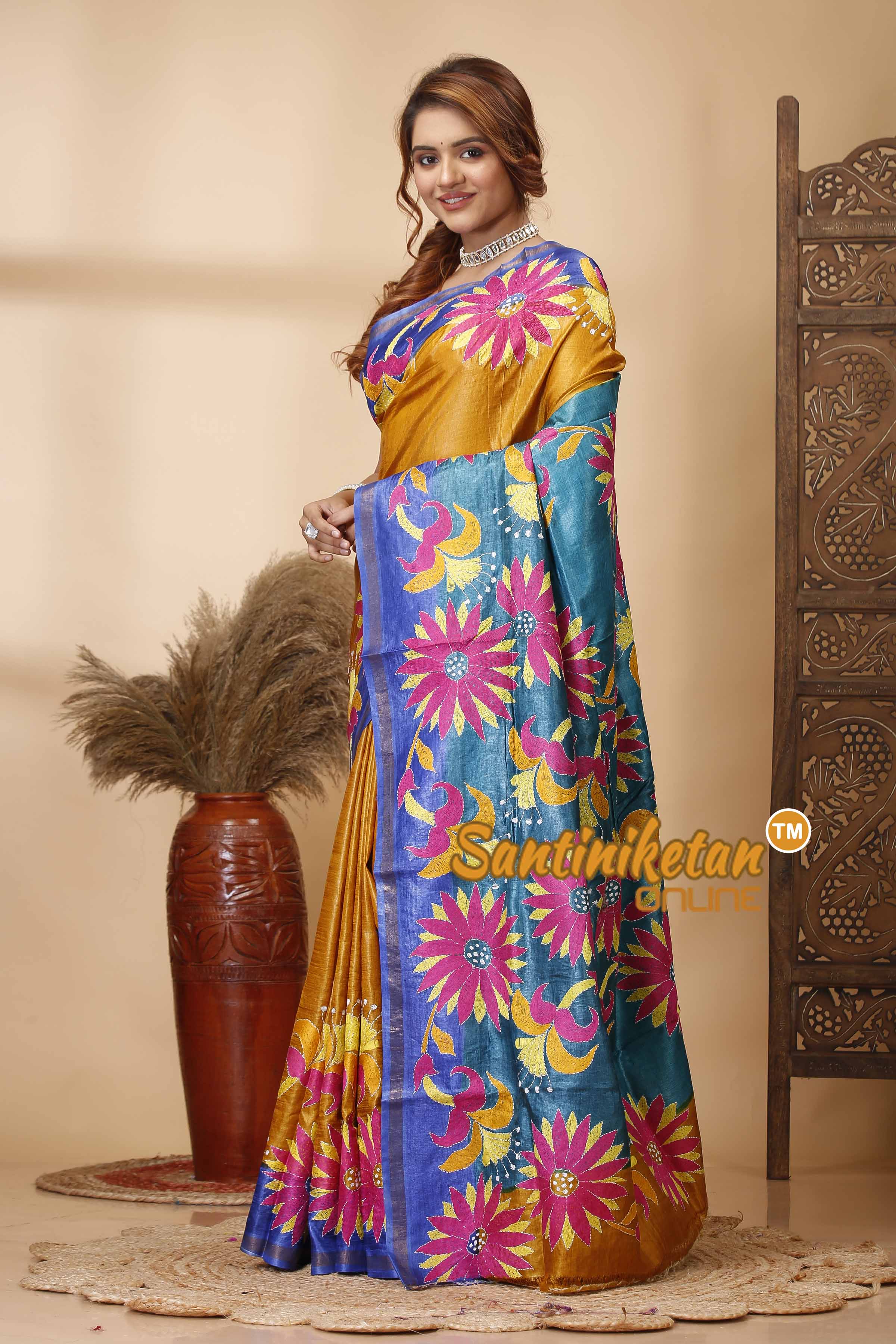 Pure Dye Tussar Silk Kantha Stitch Saree SN202521636