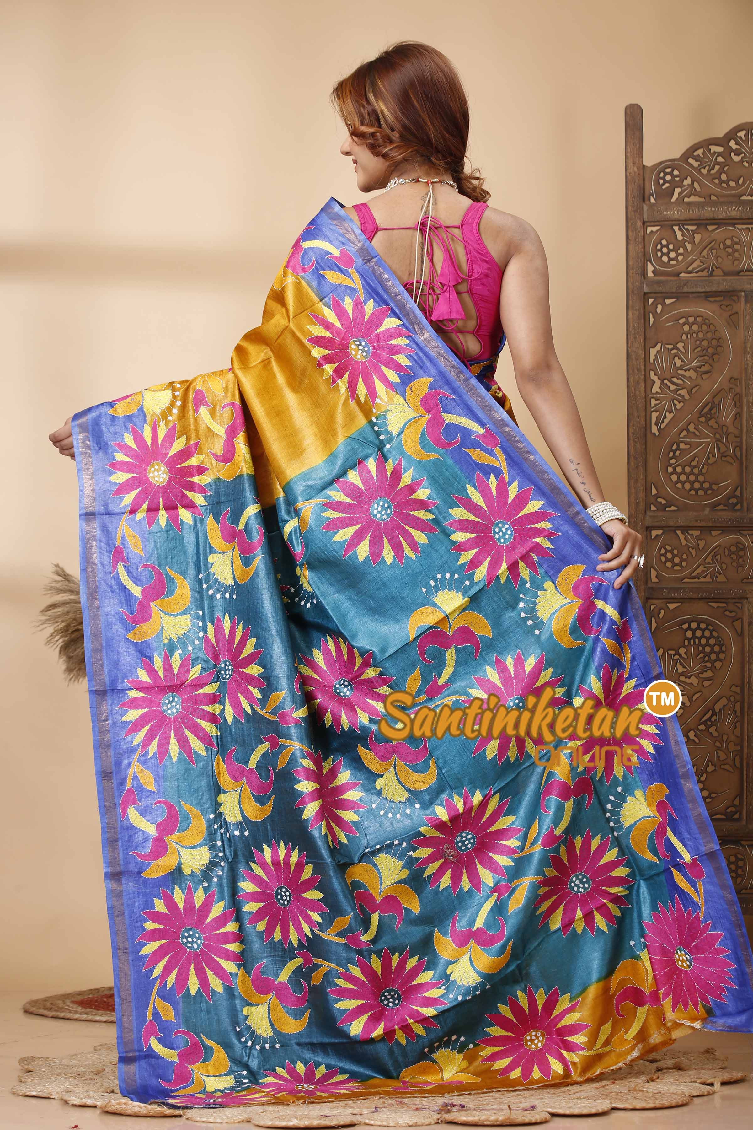 Pure Dye Tussar Silk Kantha Stitch Saree SN202521636