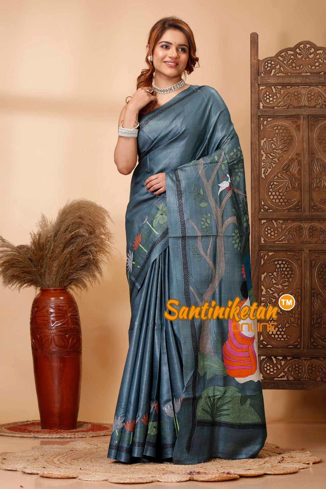 Pure Dye Gachi Tussar Silk Kantha Stitch Saree SN202521648