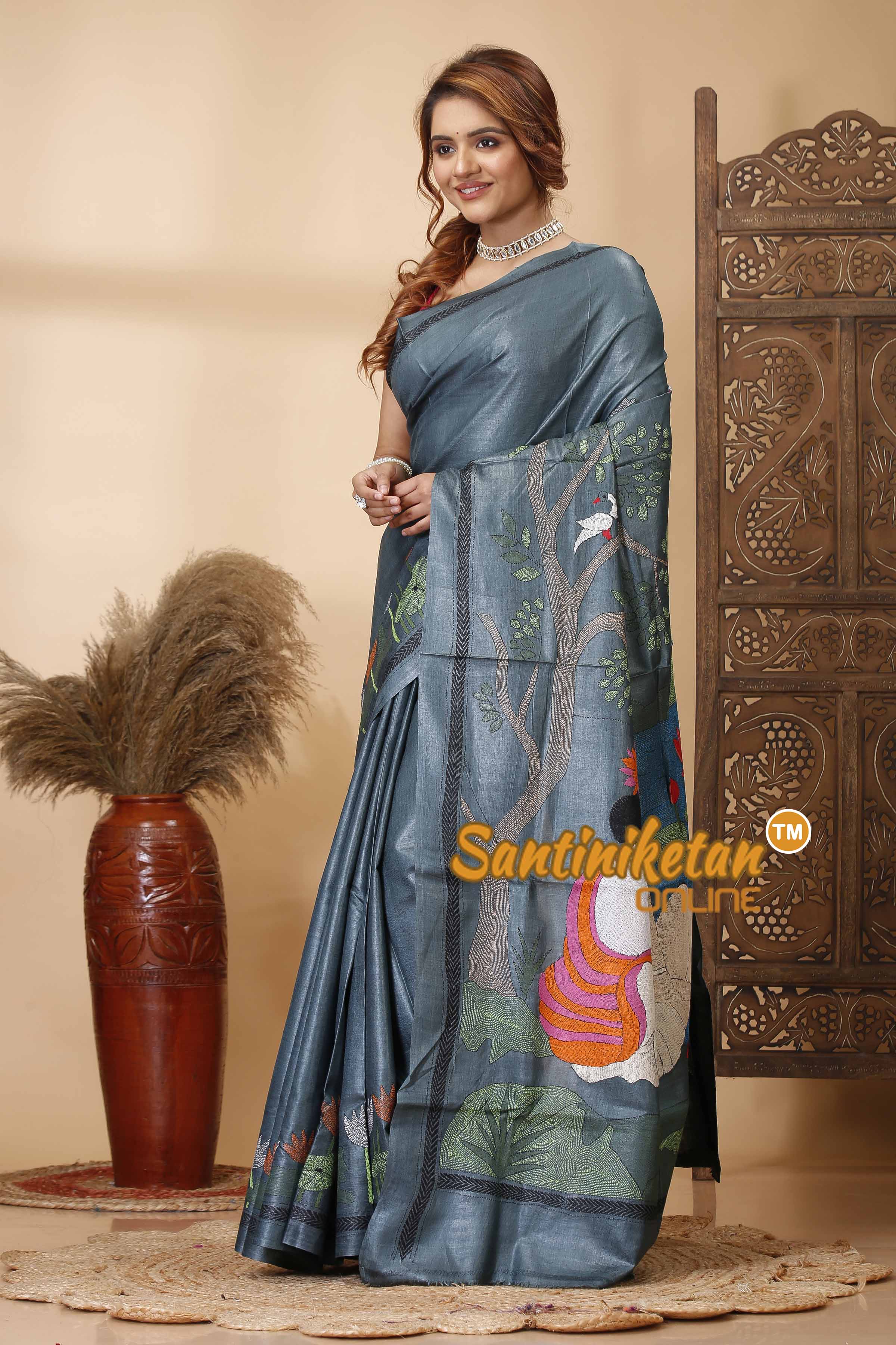 Pure Dye Gachi Tussar Silk Kantha Stitch Saree SN202521648