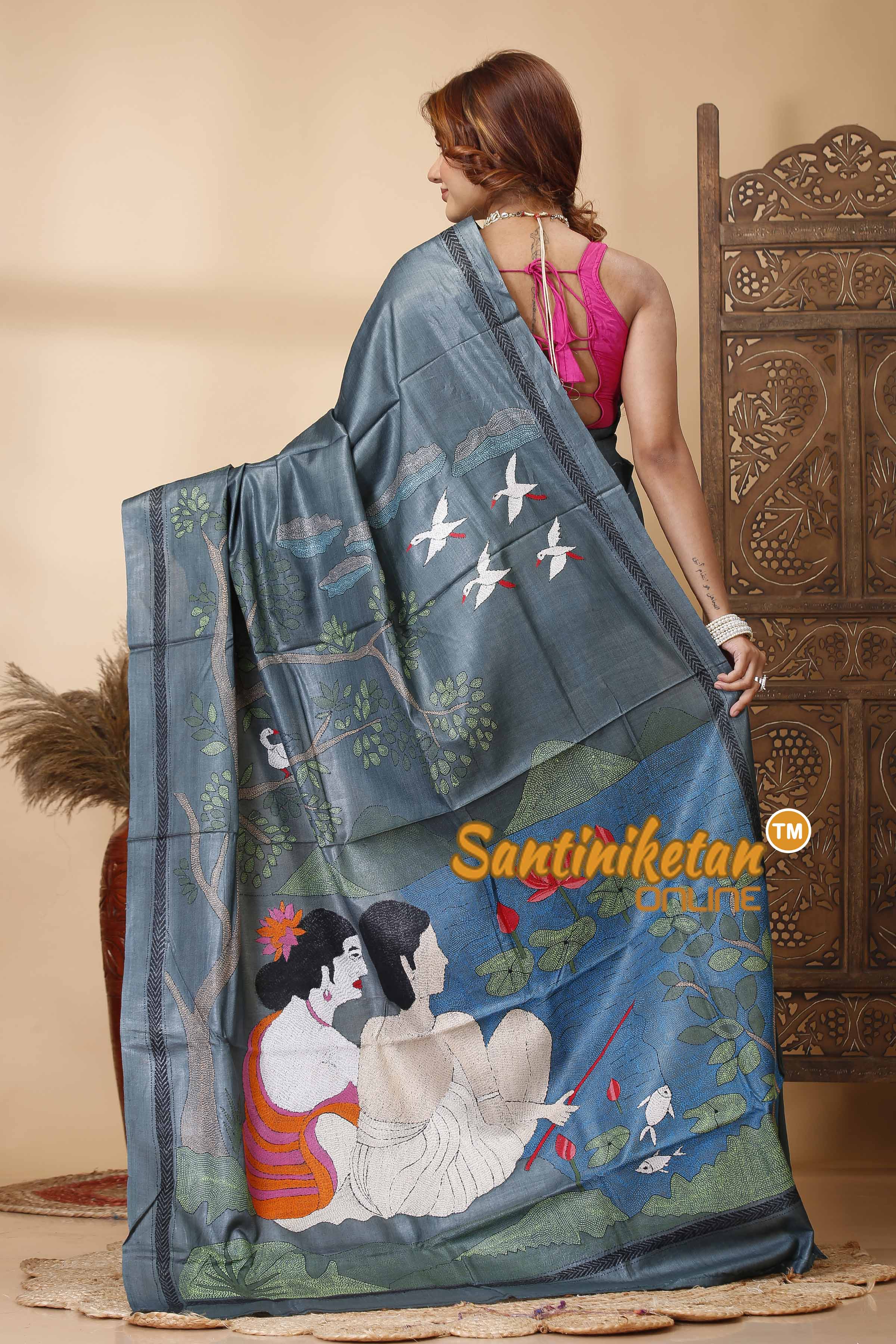 Pure Dye Gachi Tussar Silk Kantha Stitch Saree SN202521648
