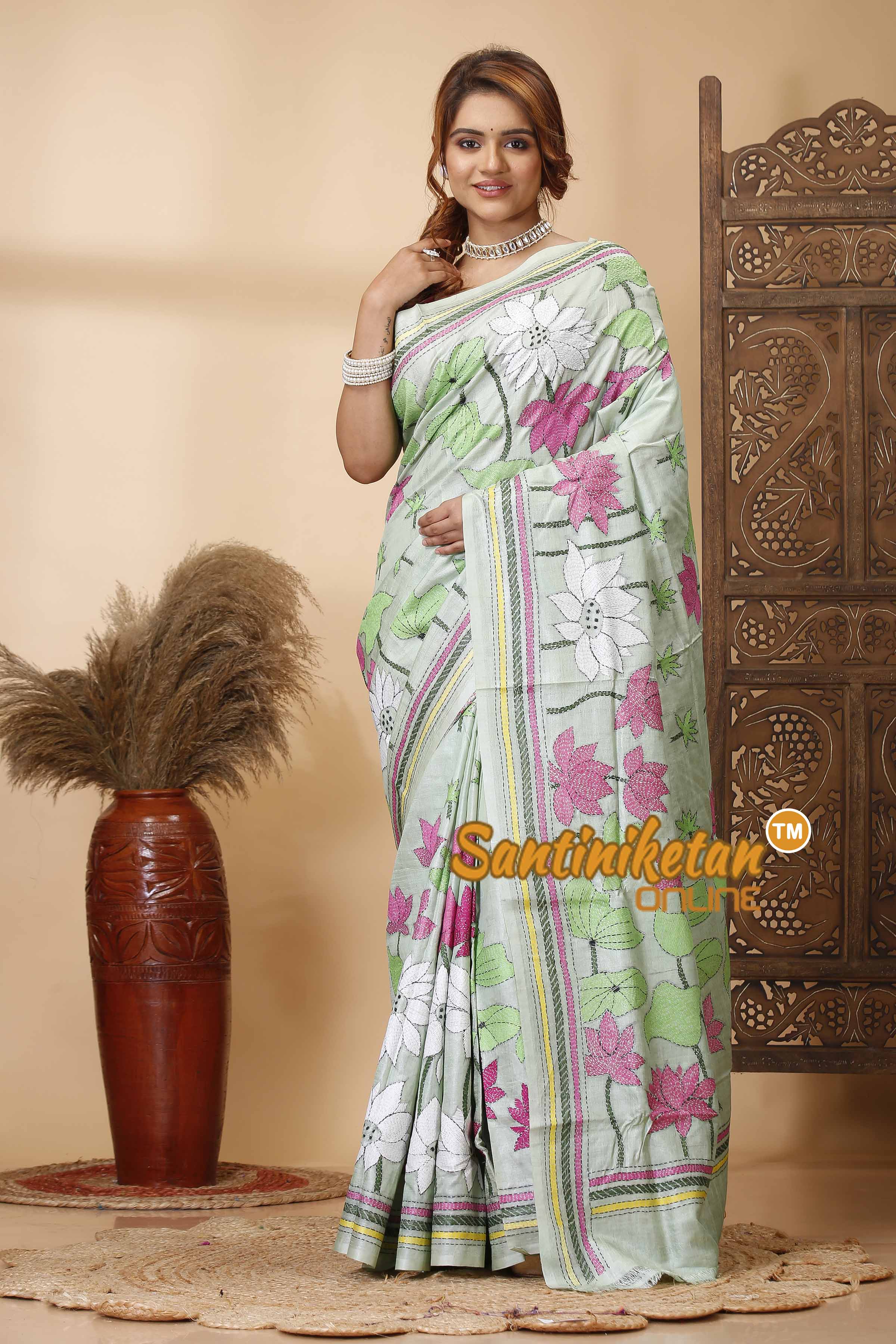 Pure Dye Tussar Silk Kantha Stitch Saree SN202521673