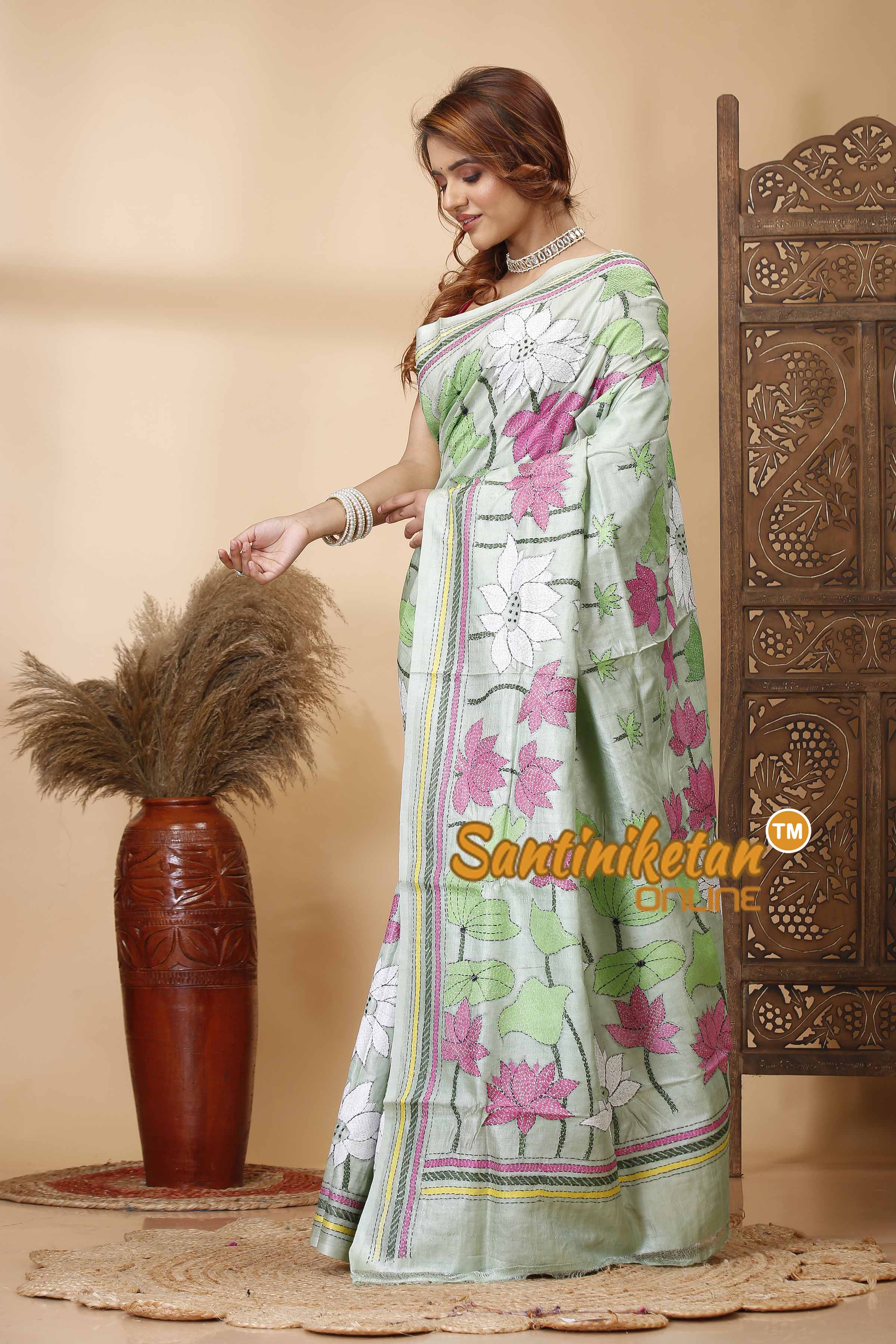Pure Dye Tussar Silk Kantha Stitch Saree SN202521673
