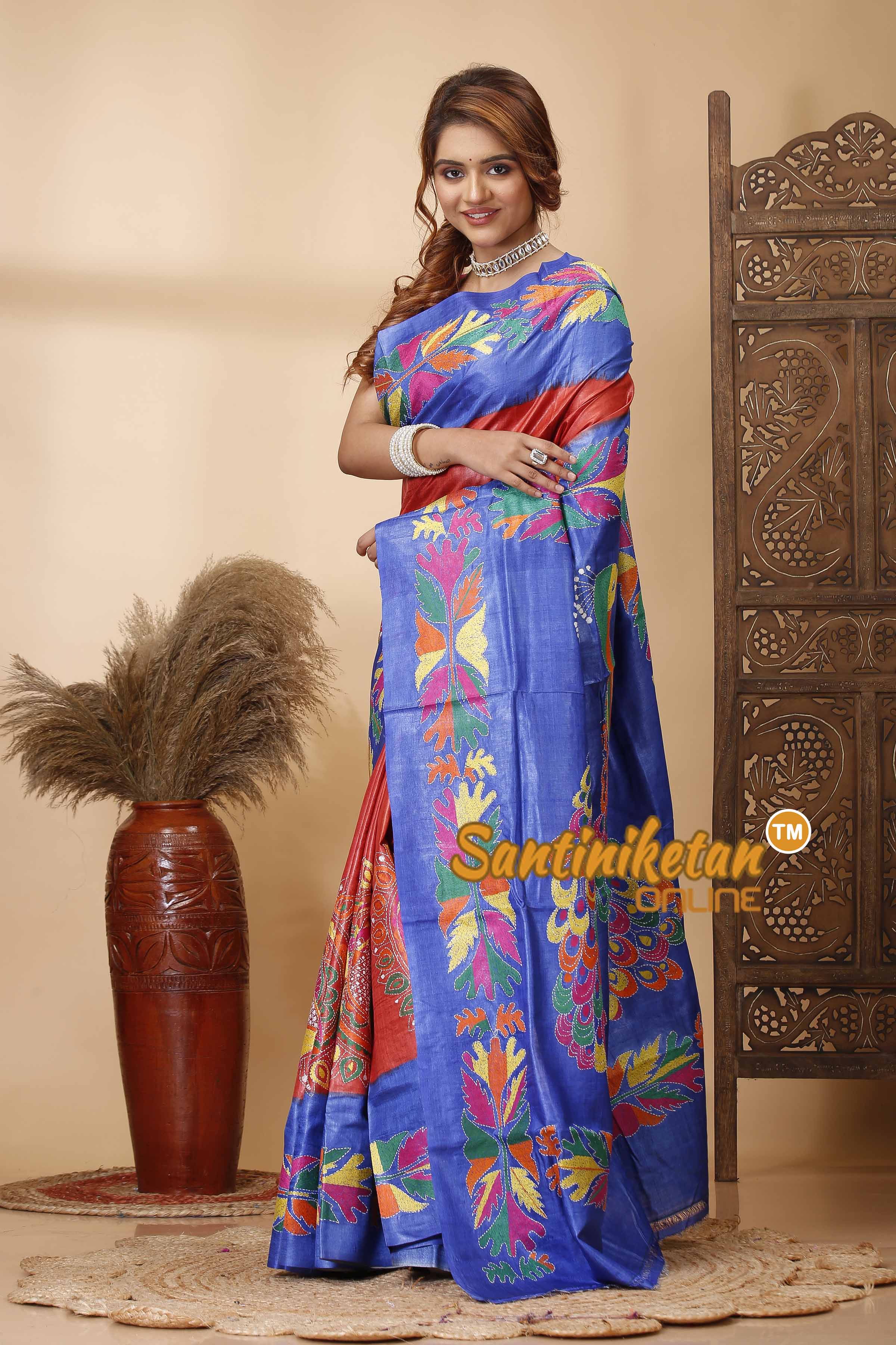 Dye Pure Gachi Tussar Silk Kantha Stitch Saree SN202521679