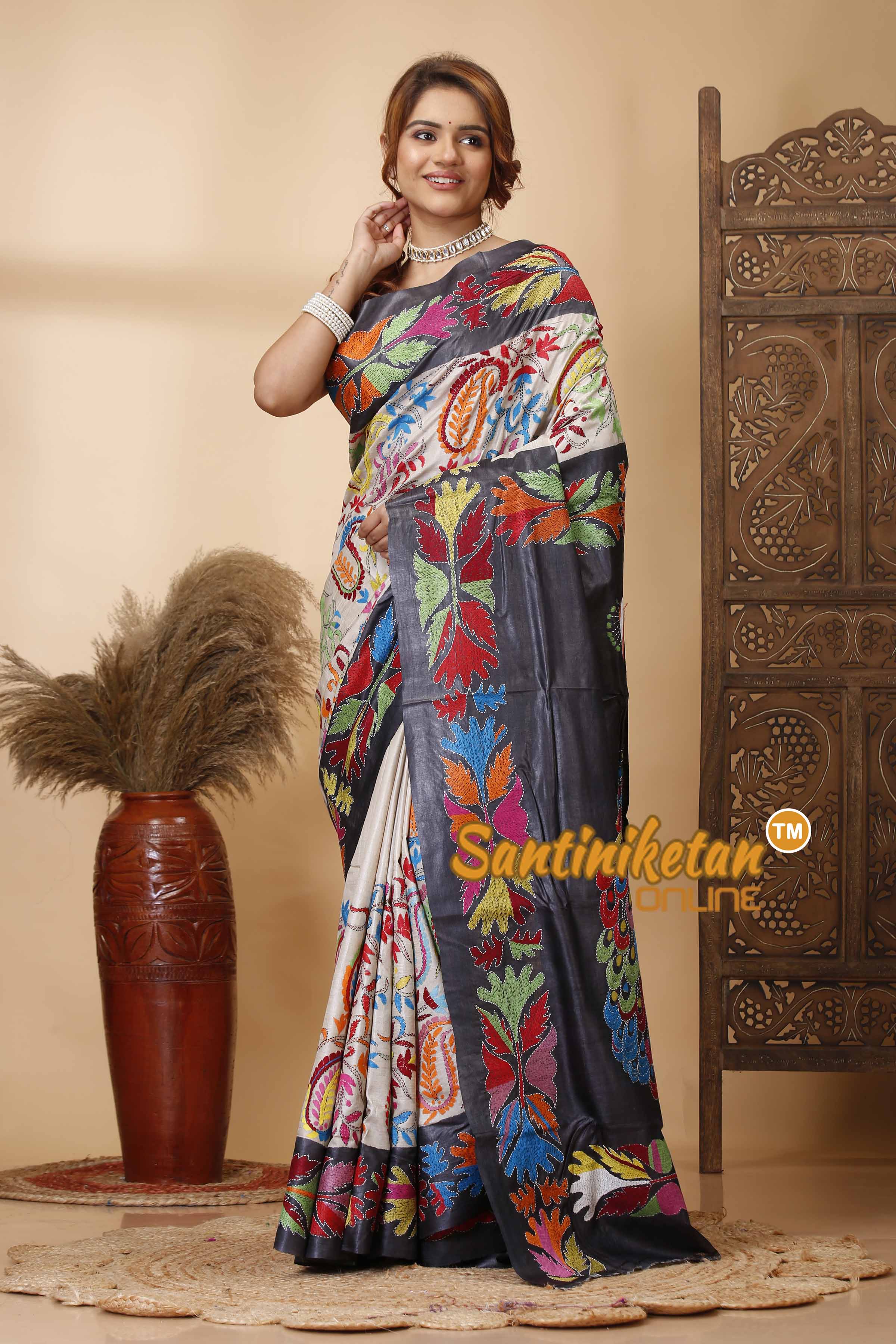 Pure Dye Tussar Silk Kantha Stitch Saree SN202521685