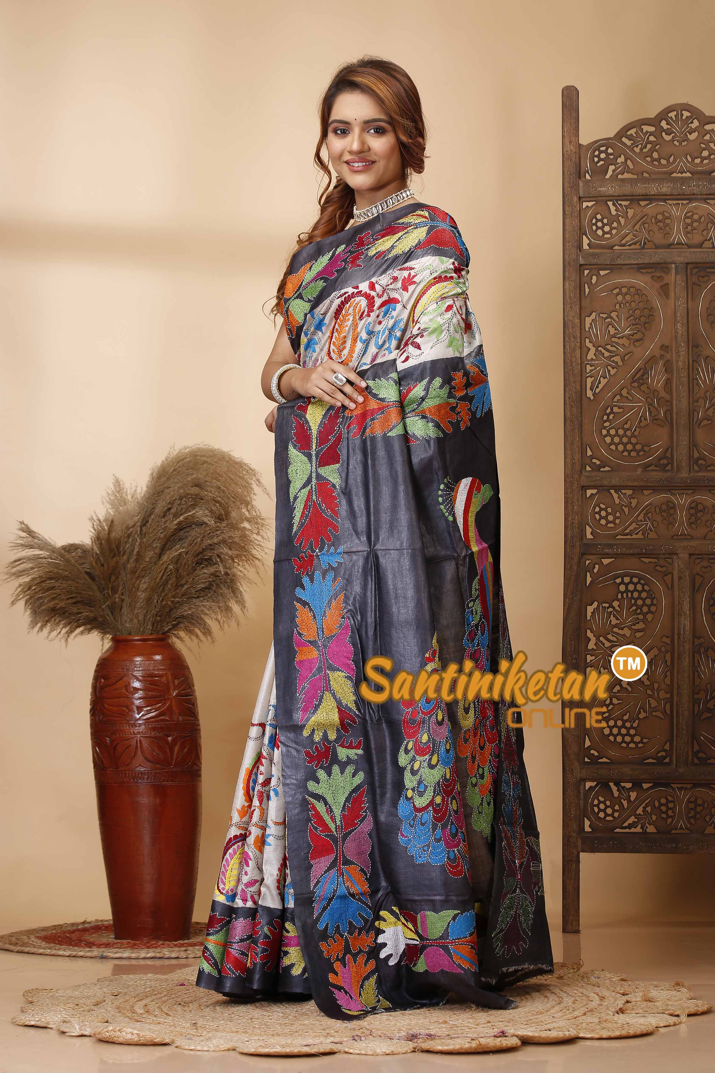 Pure Dye Tussar Silk Kantha Stitch Saree SN202521685
